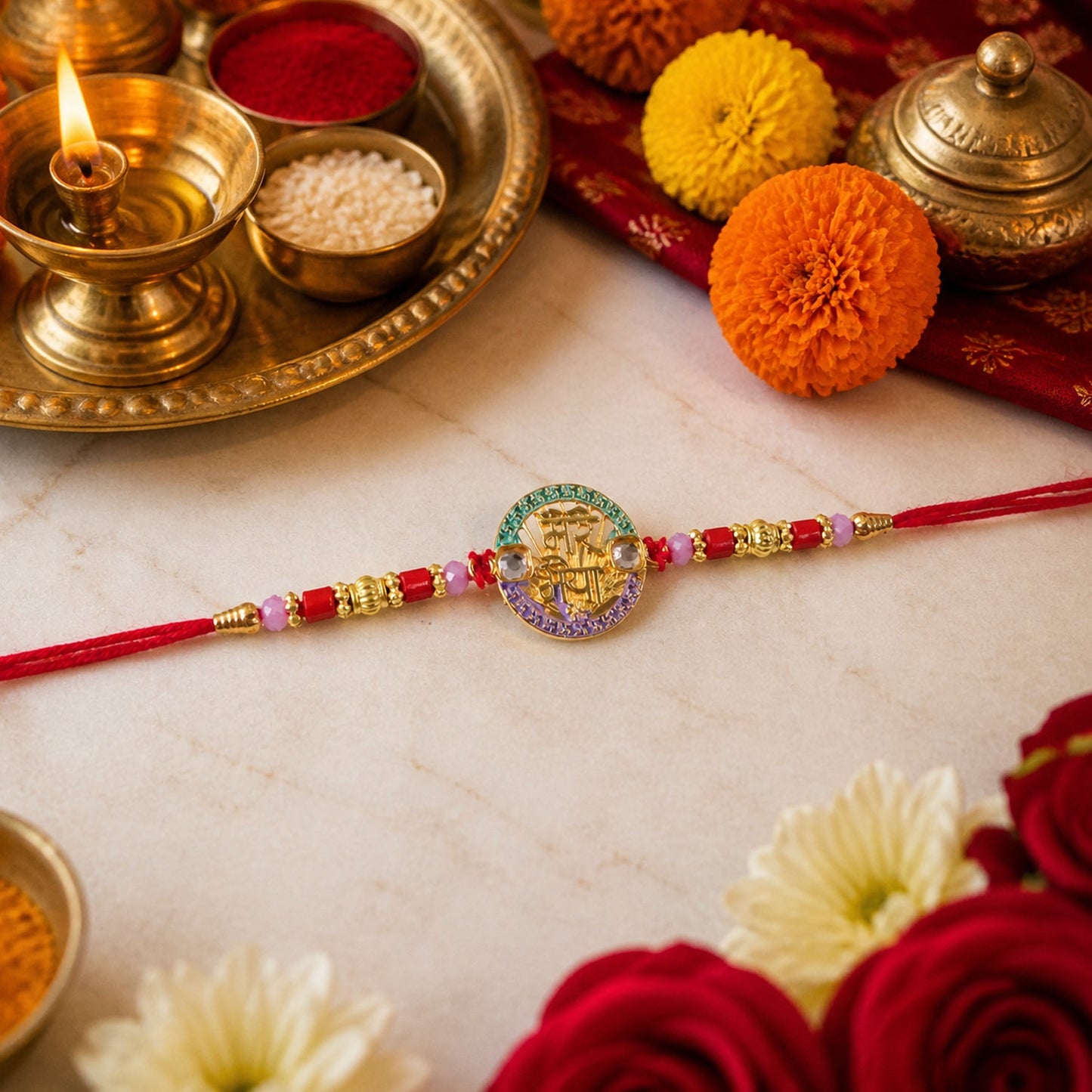 Side view of traditional designer Rakhi with stone embellishments and red thread