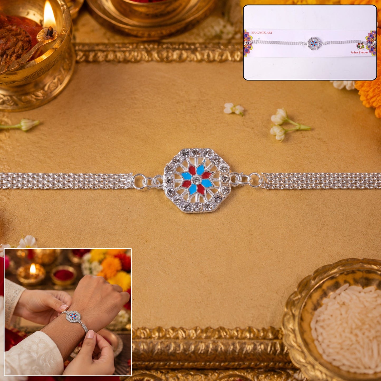 Close-up of crystal Rakhi for Raksha Bandhan celebrations