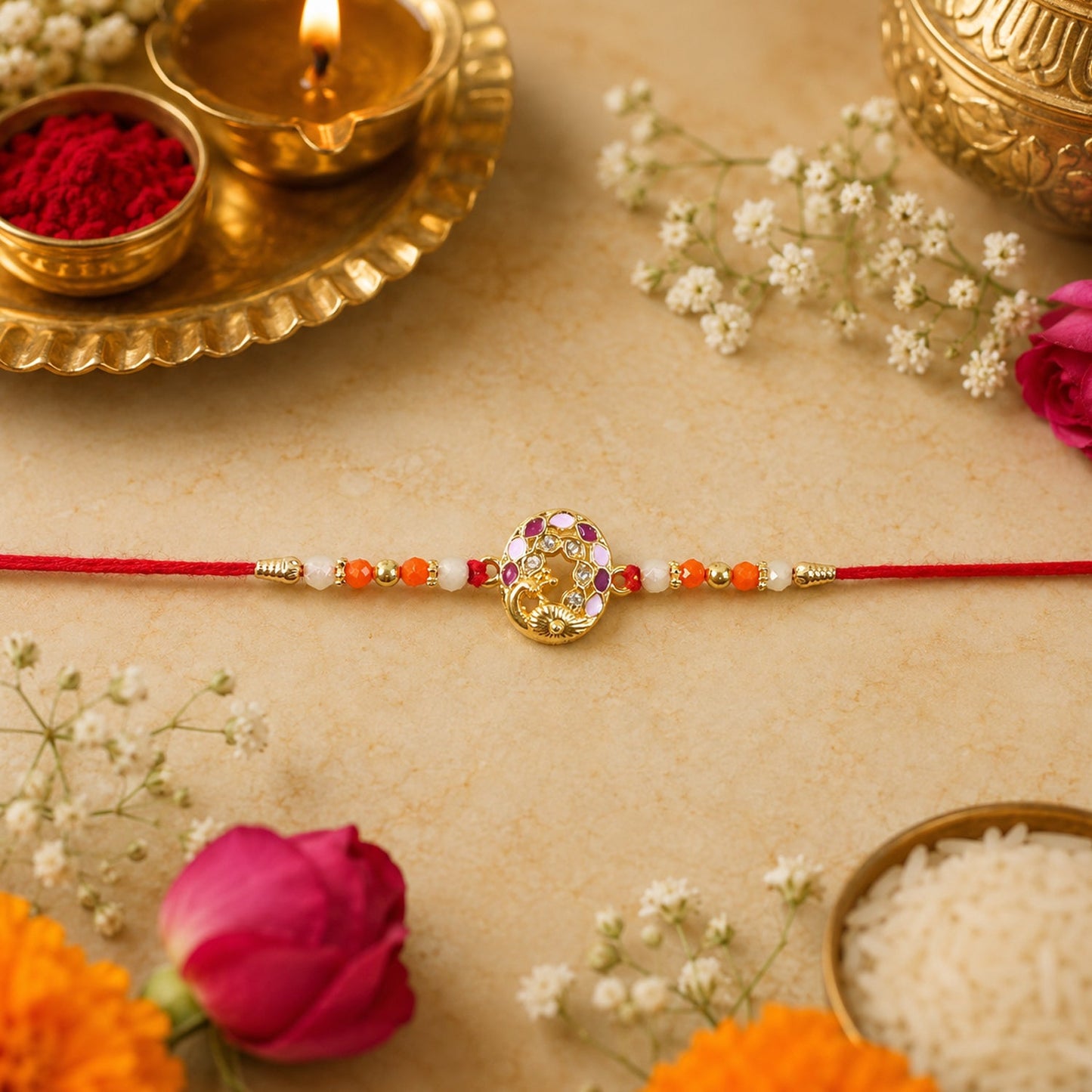 Close-up of vibrant peacock Rakhi featuring decorative beads and craft details