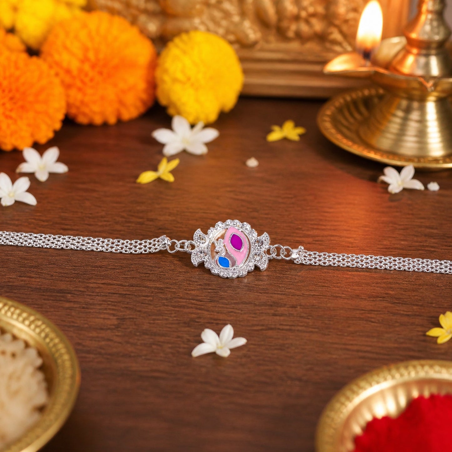 Traditional peacock themed Rakhi with colorful beads for Raksha Bandhan