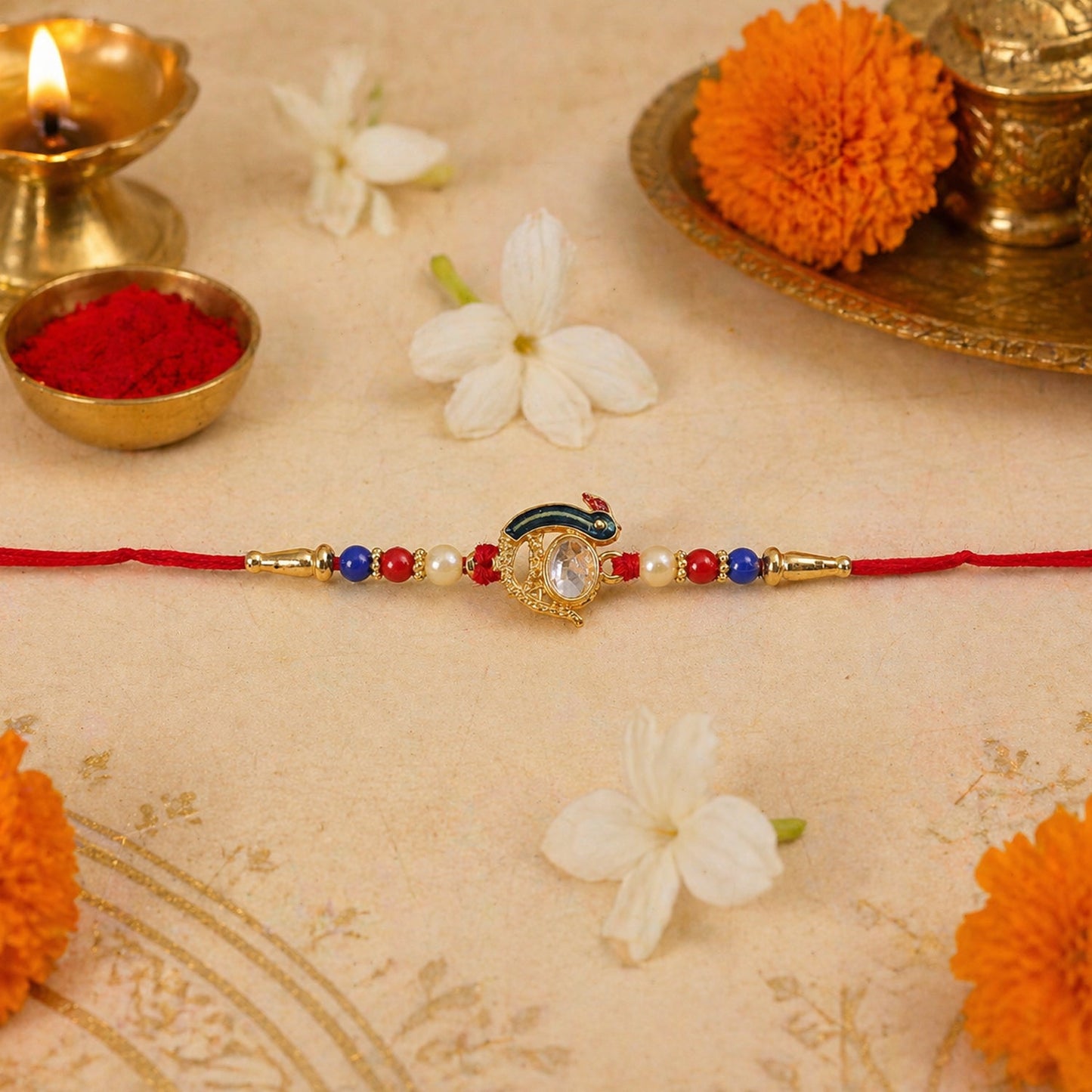 Traditional stylish Rakhi showcasing stones and beads in festive design