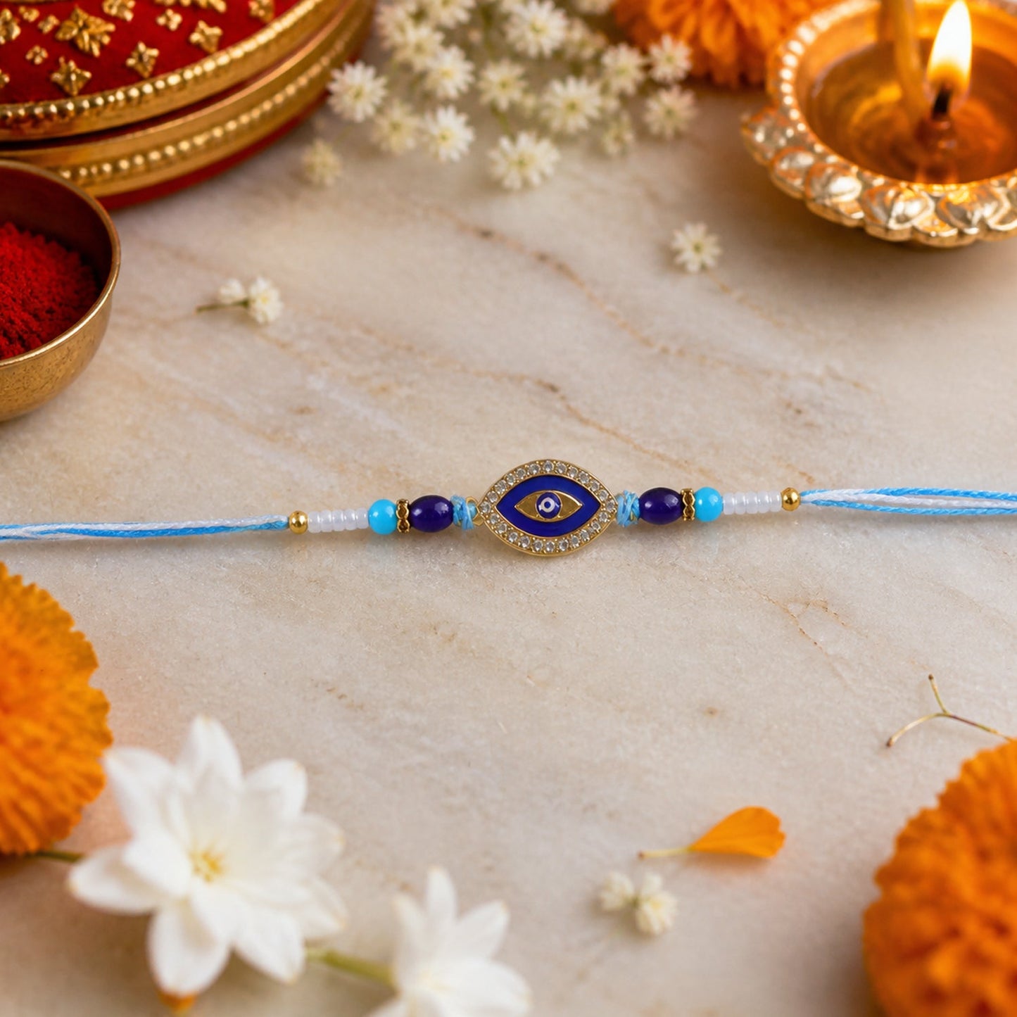Traditional Rakhi with blue beads and protective evil eye motif