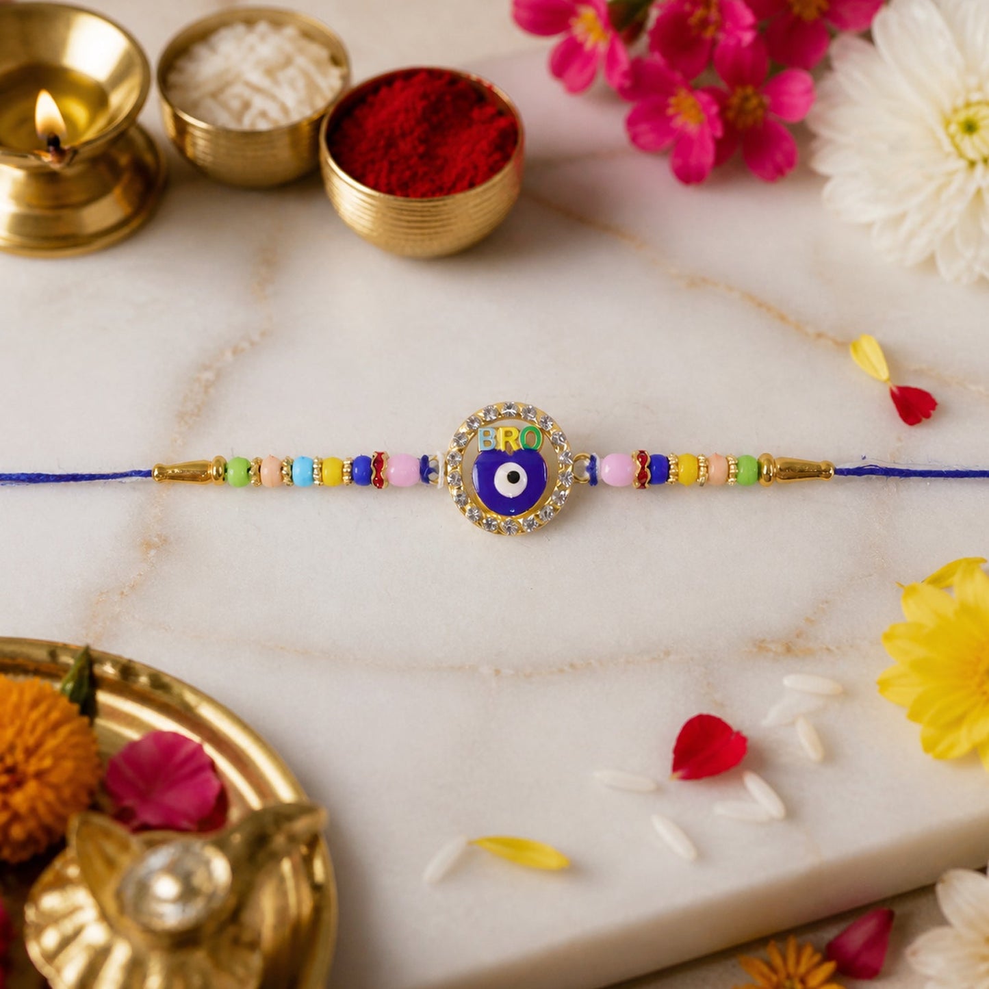 Traditional Evil Eye BRO Rakhi with colorful bead details and stylish design