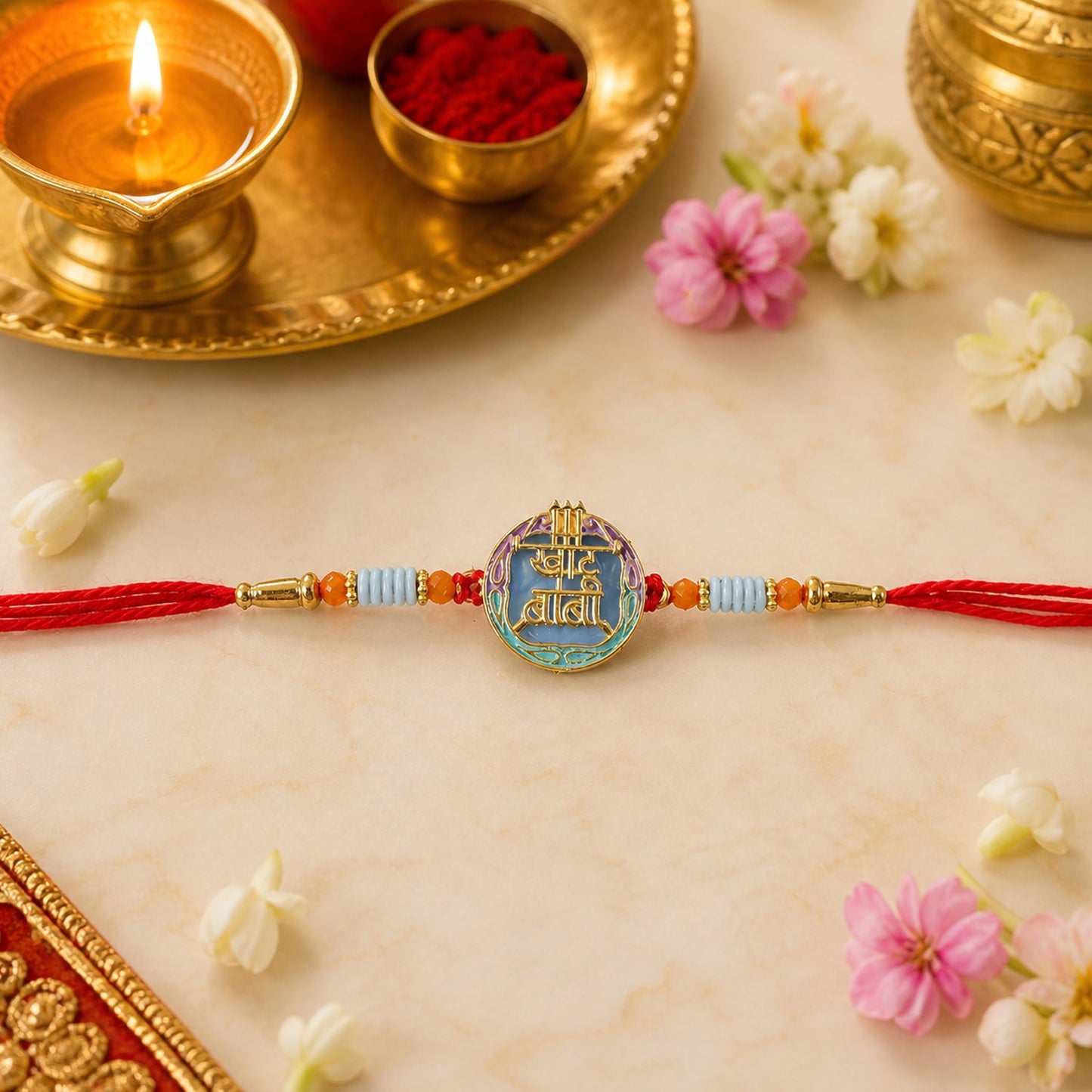 Close-up of colorful threads and beads on Rakhi