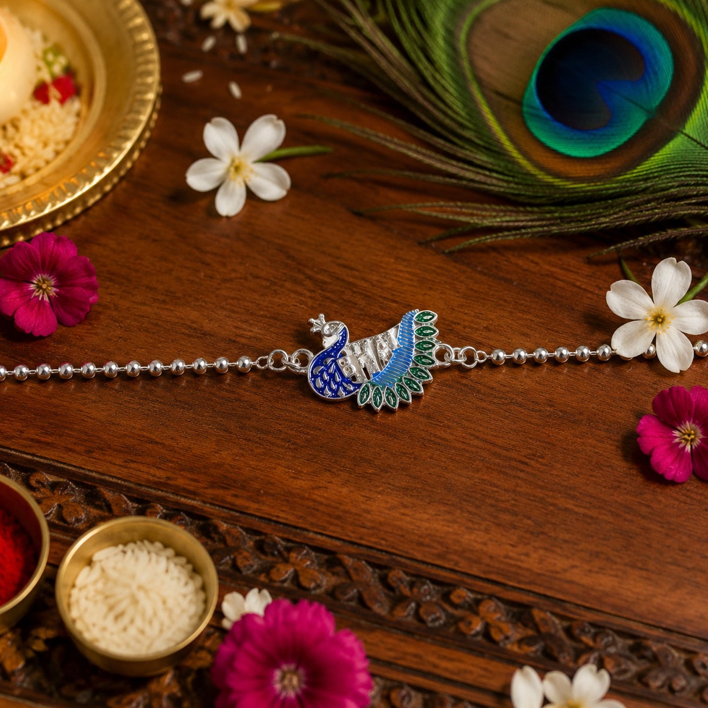 Decorative traditional Rakhi with soft beaded thread, elegant design