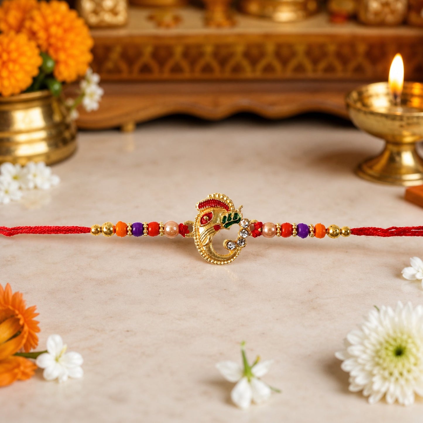 Intricate bead design on Ganesh Rakhi for brother
