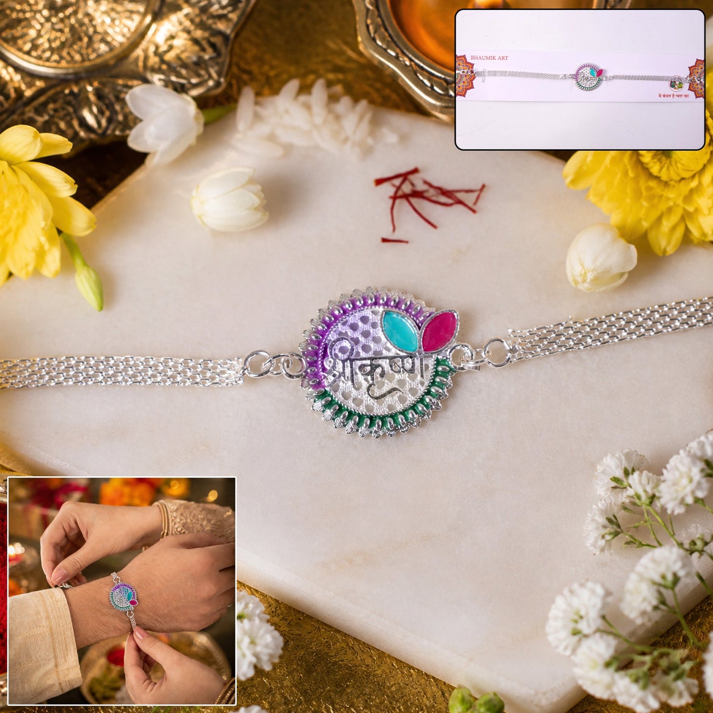Close-up of Shree Krishna motif on Rakhi with beads and stylish centerpiece