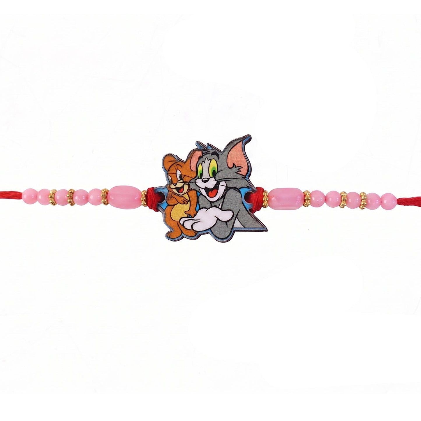 Traditional style cartoon kids rakhi with pink beads