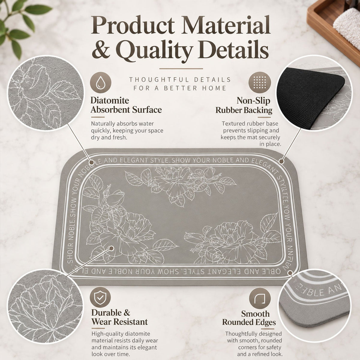 An infographic details the features of a gray half-round mat, including its diatomite surface and rubber backing.