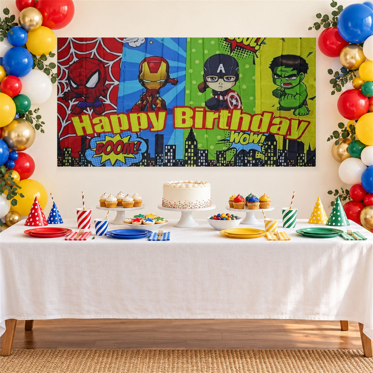Colourful cartoon superhero birthday backdrop above a white dessert table