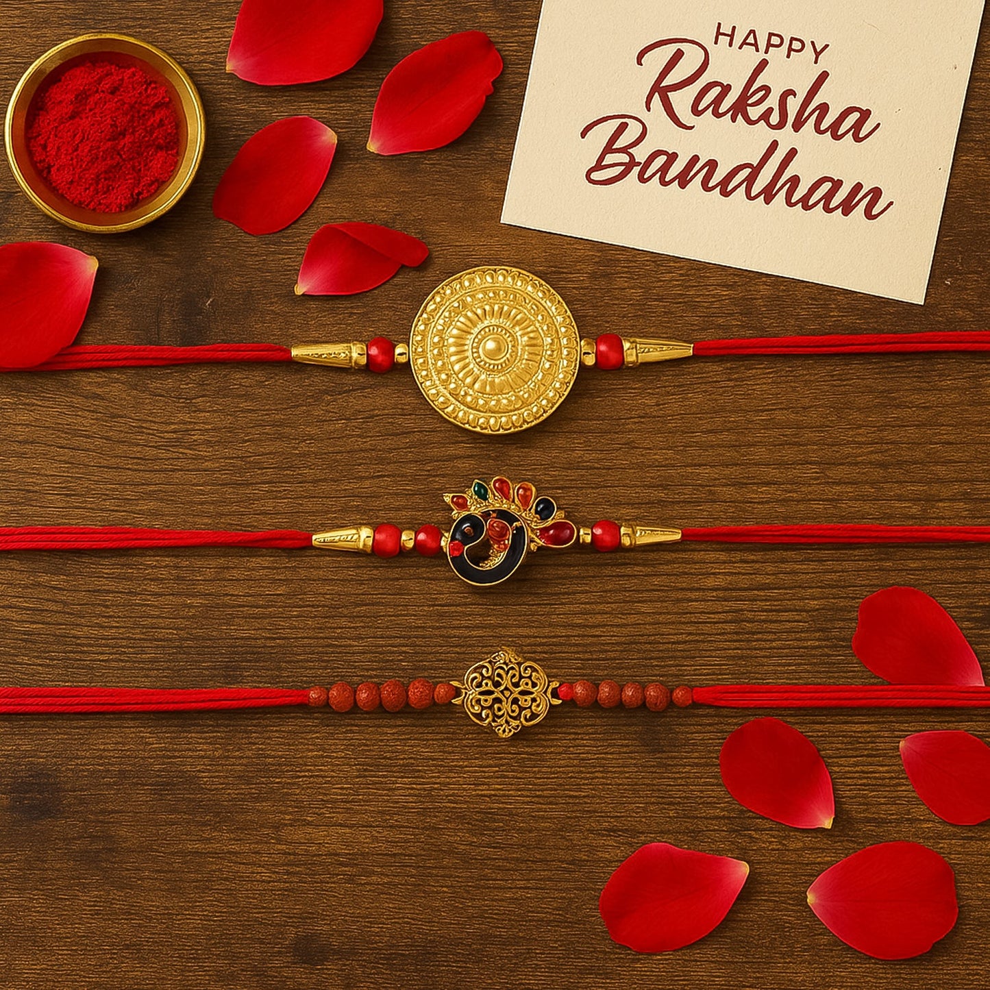 Close-up view of a gold-toned random rakhi from the elegant Raksha Bandhan set