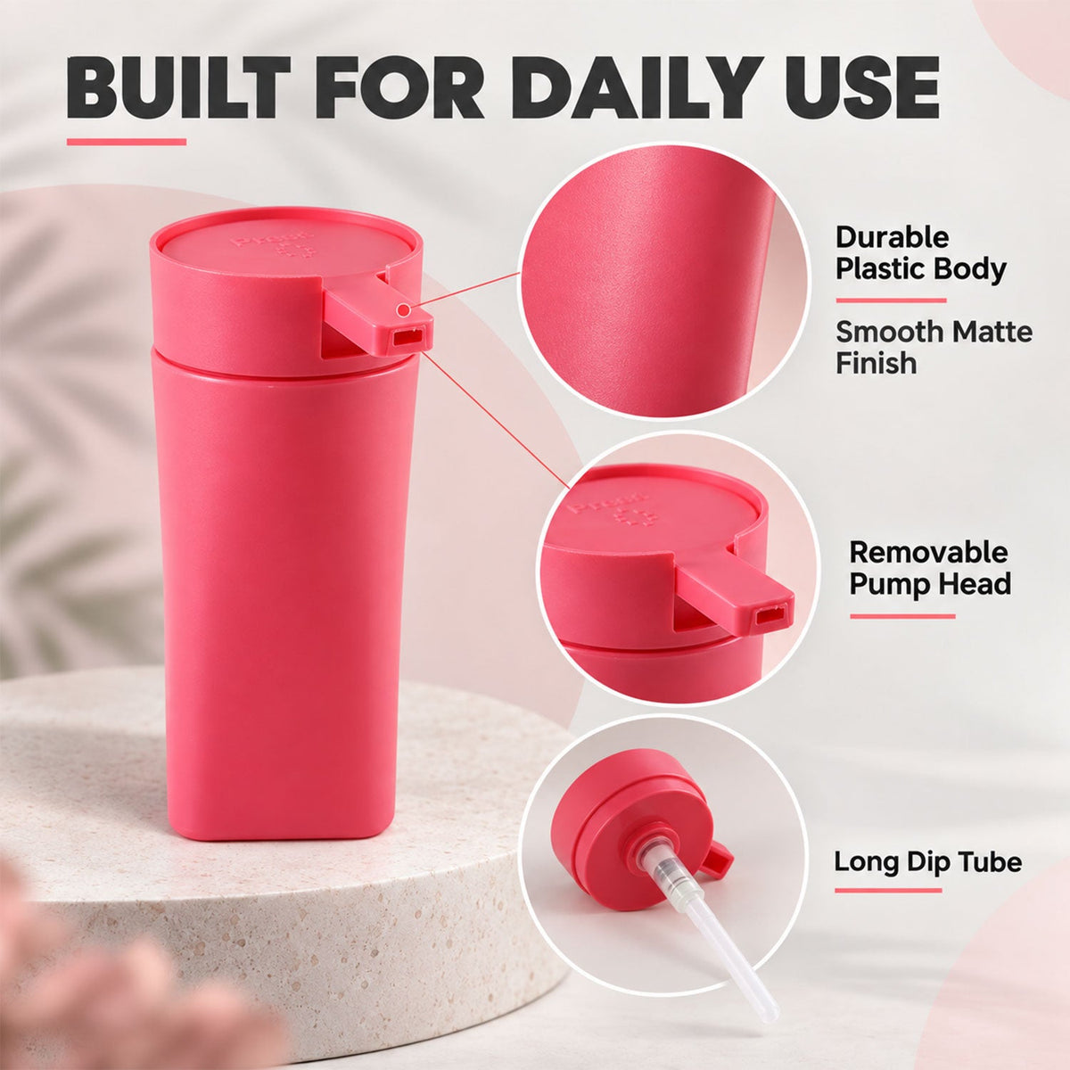 A pink rectangular dispenser with a removable pump head and long dip tube is highlighted, showing its durable plastic body