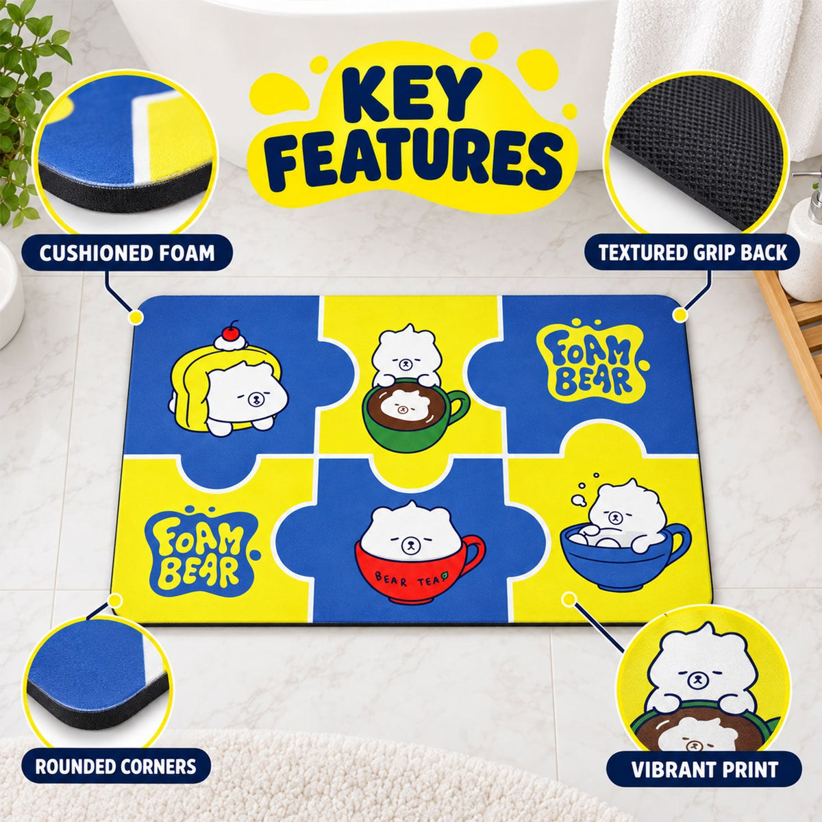 The bath mat is shown with callouts highlighting cushioned foam, textured grip back, rounded corners, and vibrant print.