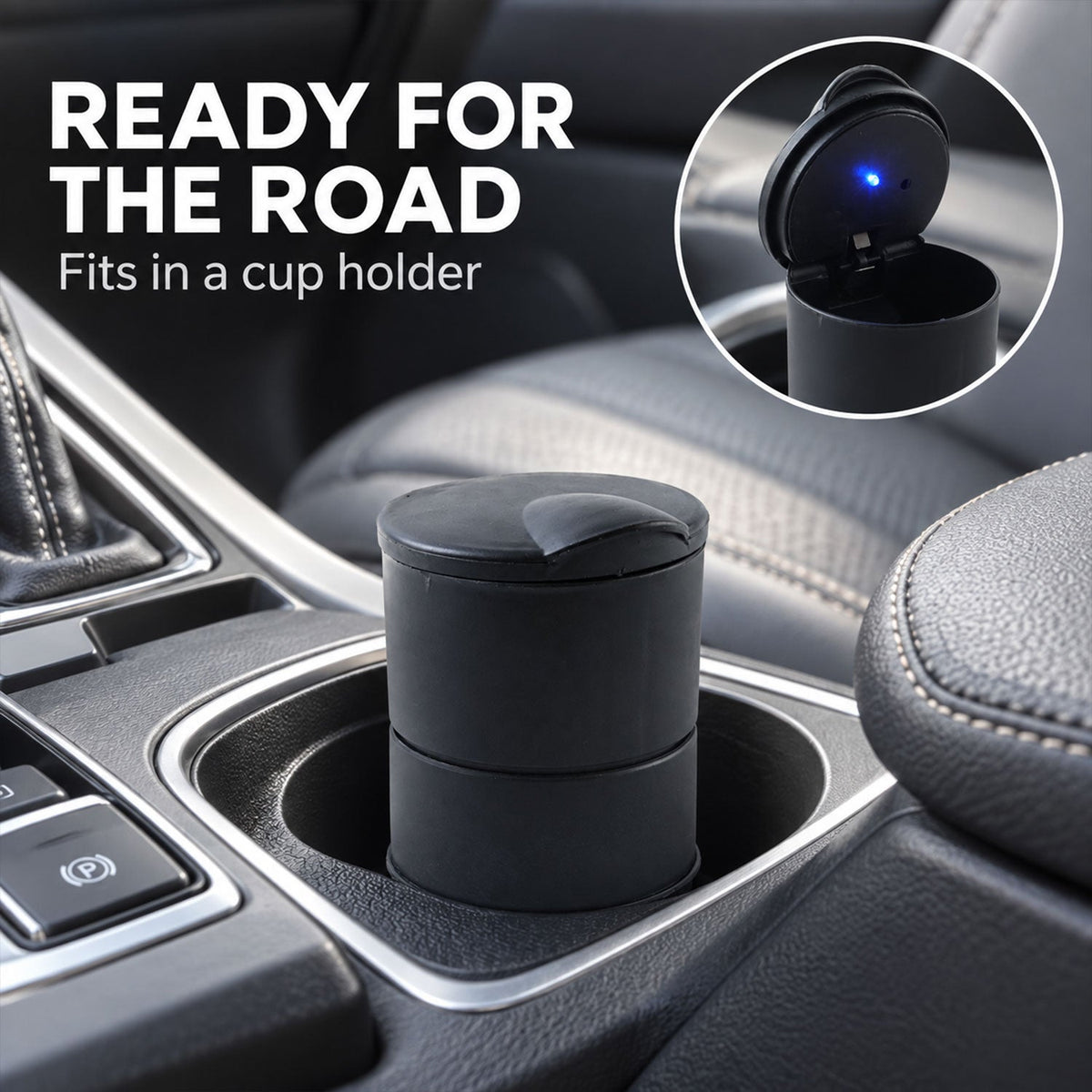 A black car ashtray with its lid closed, sitting in a car's cup holder, with an inset showing it open with a blue LED.