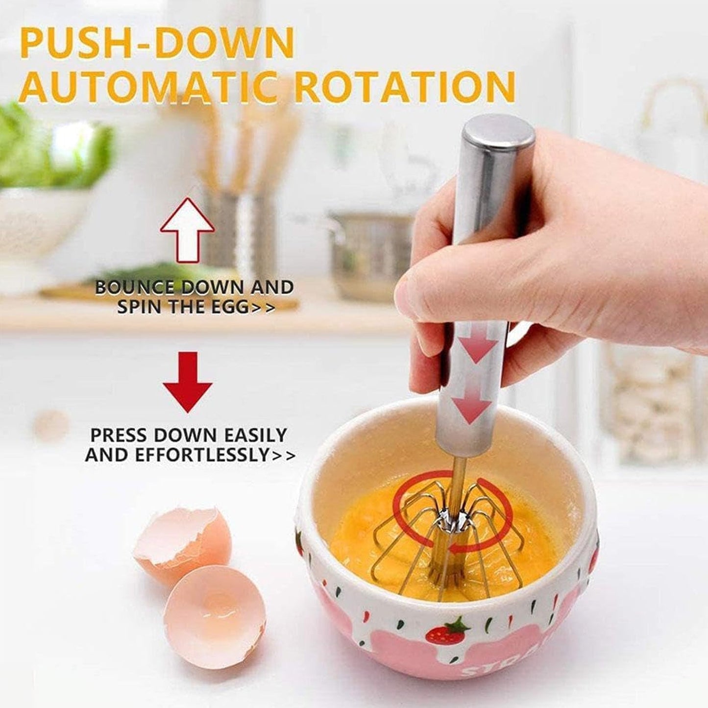 Stainless steel whisk blending ingredients in a bowl, showcasing its efficiency.