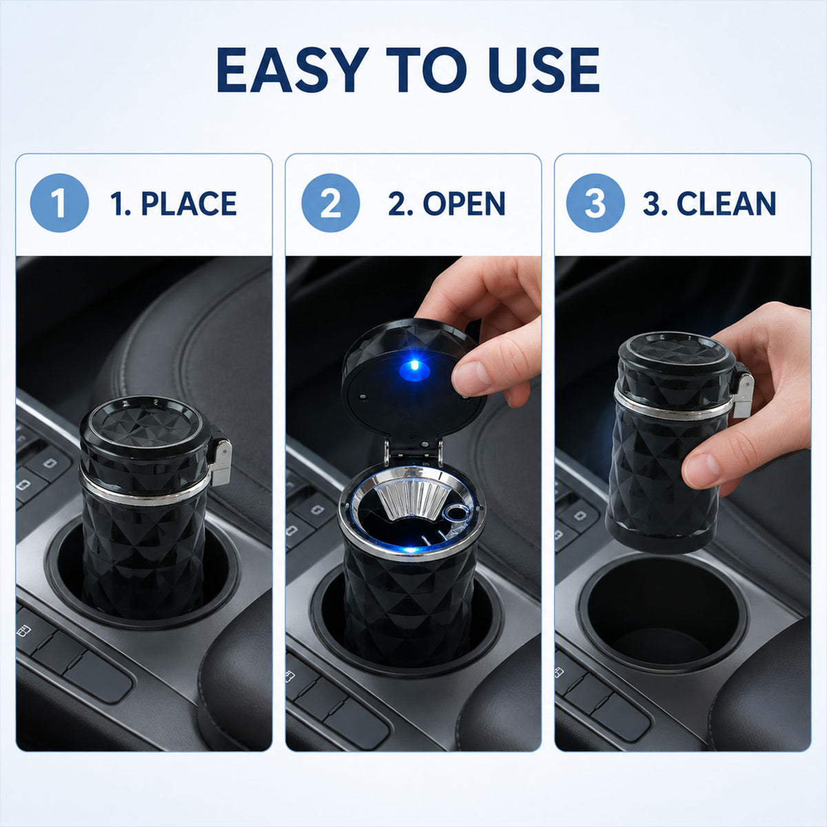 Car Cupholder LED Ashtray – Portable with Blue Light, Lid & Waste Bin, Cigarette Ashtray