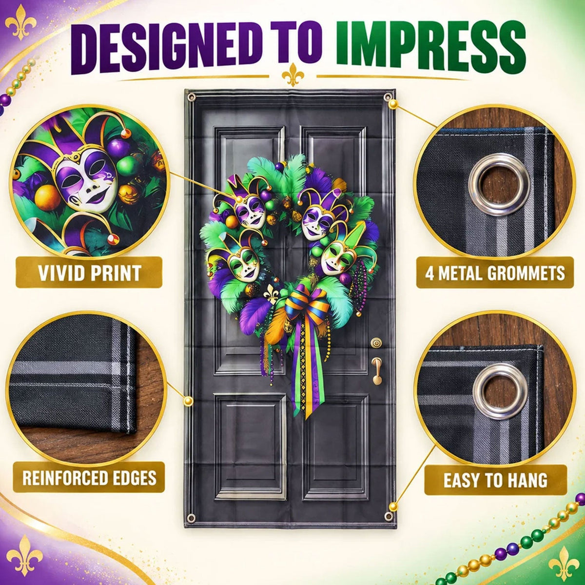 Mardi Gras backdrop infographic showing printed design grommets and reinforced edges