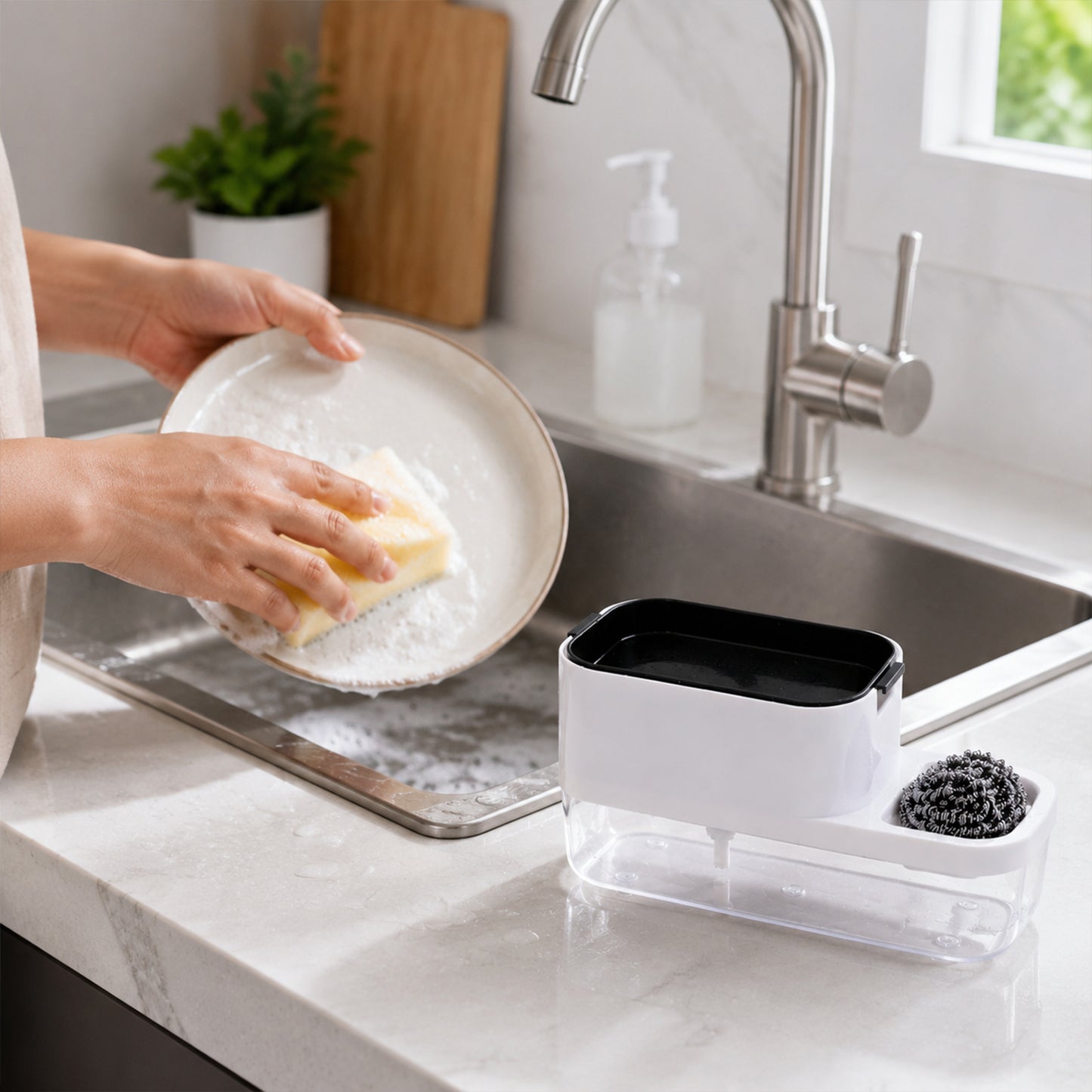 2 in 1 Plastic Dish Soap Liquid Dispenser Sponge Holder ,Sabudani  (1 Set)