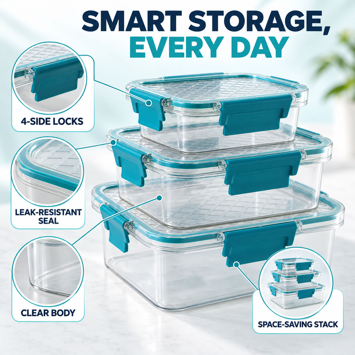 Multipurpose Plastic Containers / Lunch Boxes (3 Pcs Set / 1500, 750, 350 ML Approx)
