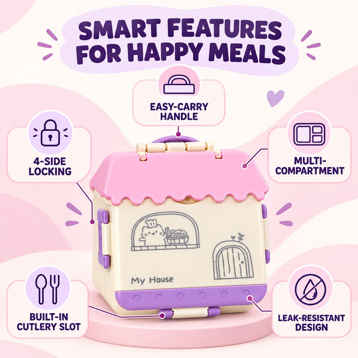 A house-shaped lunch box with text highlighting its easy-carry handle, multi-compartment, 4-side locking, built-in cutlery