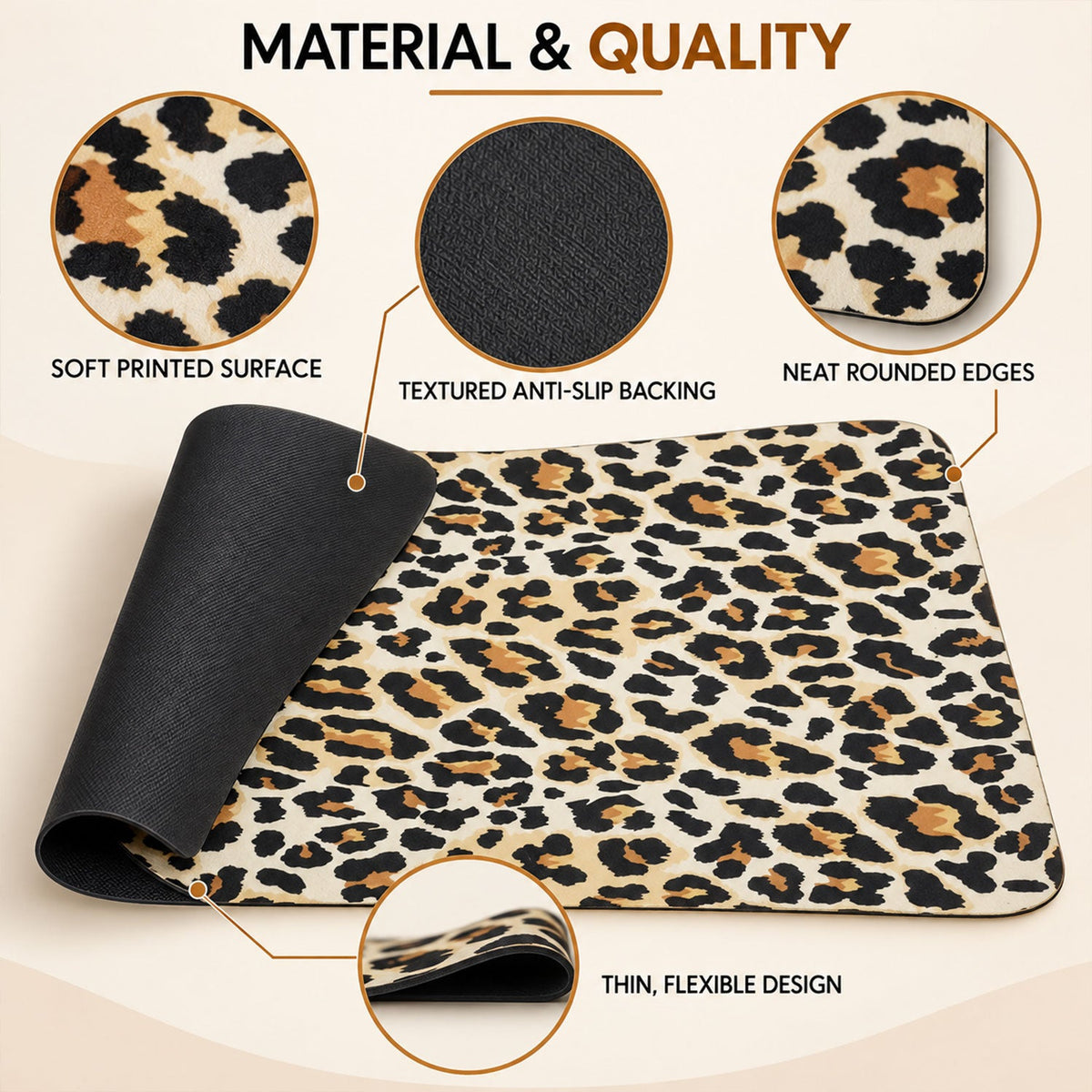 A leopard print bath mat with a corner lifted, revealing the textured anti-slip backing and rounded edges.