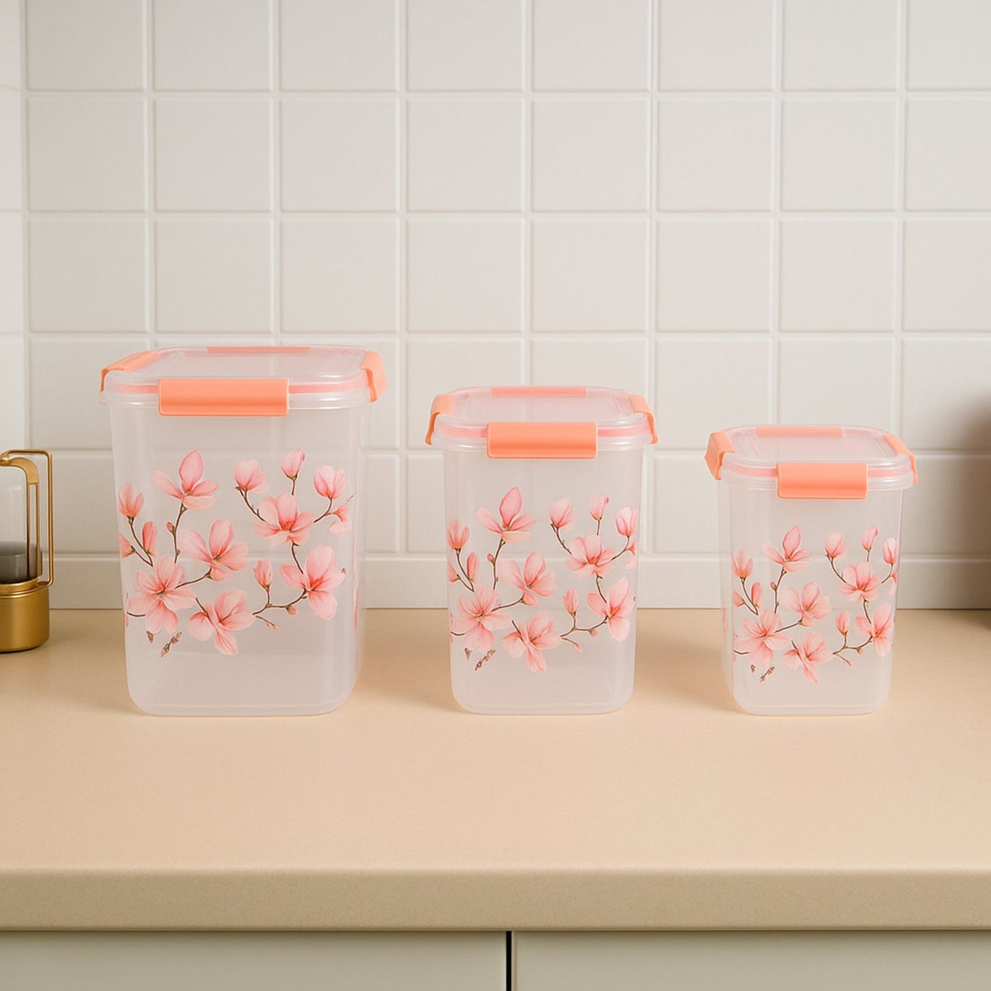 Square 3 Pcs Floral Printed Airtight Storage Container Set (3 Pcs Set)
