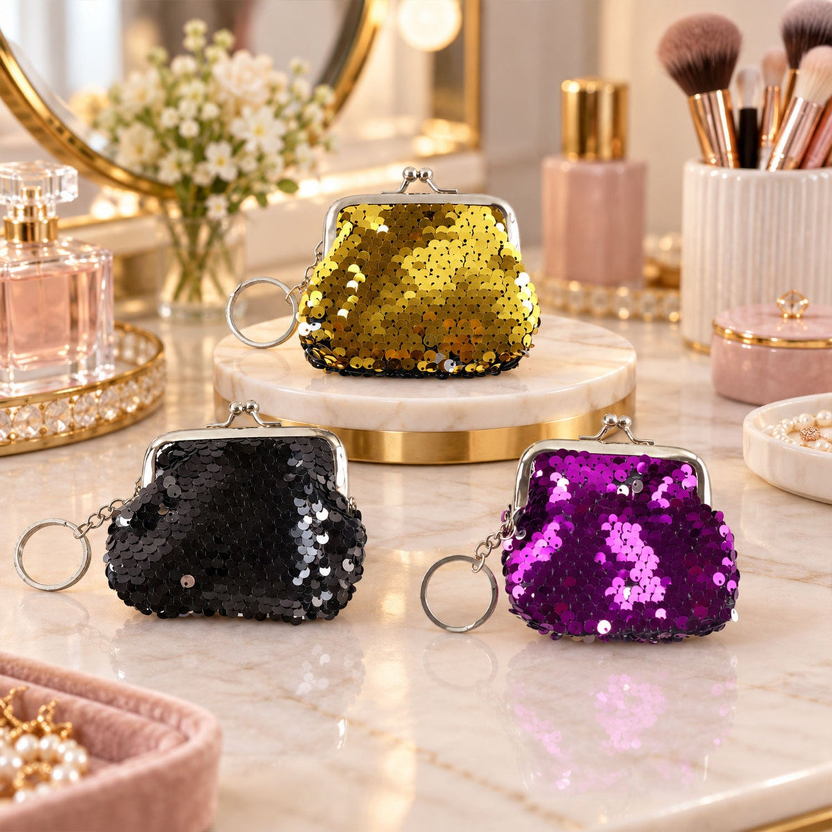 Three sequined coin purse keychains in gold, black, and purple are arranged on a marble vanity with makeup and perfume.