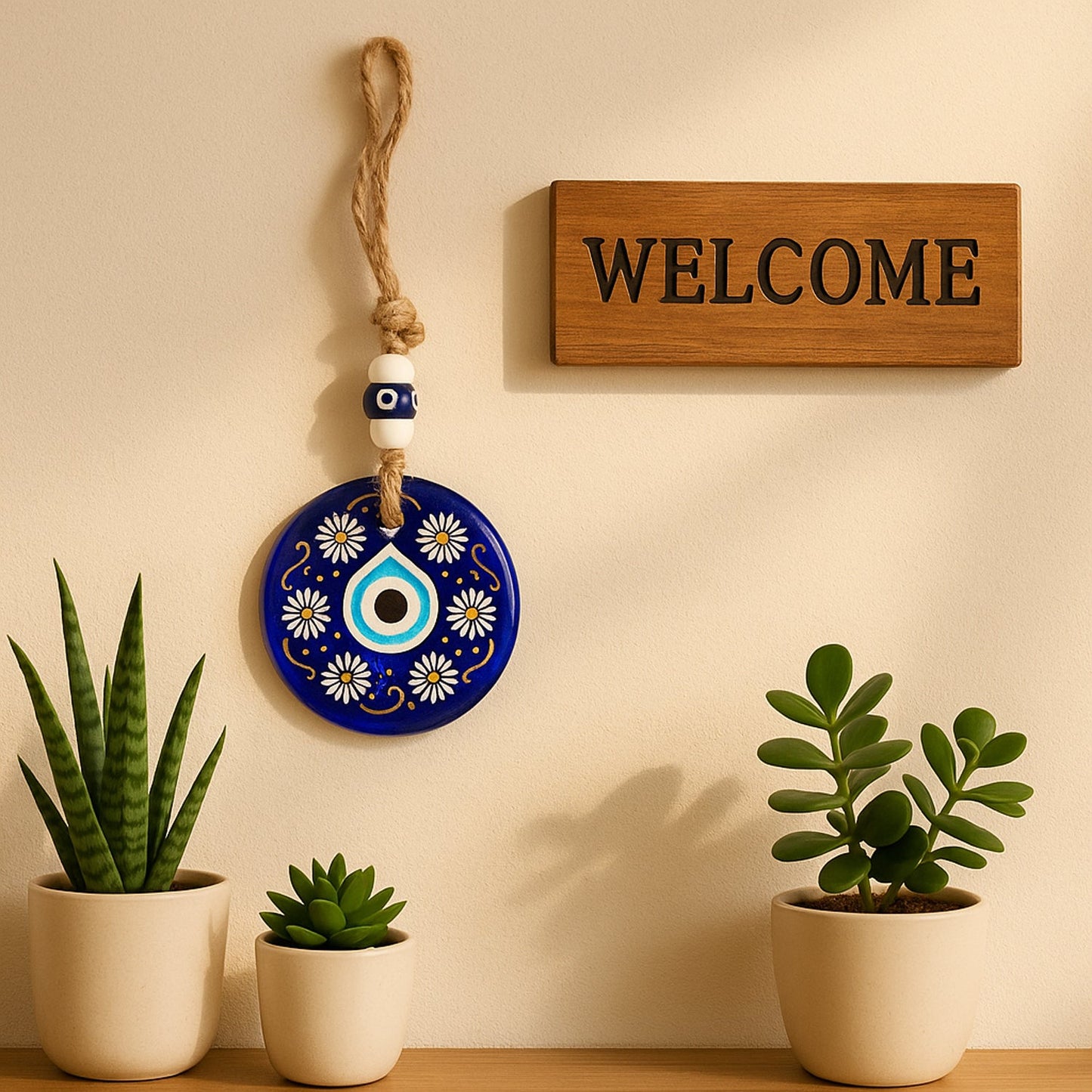 Decorative Evil Eye Wall Hanging Nazar Protector Charm with Beads, Wind Chime (1 Pc)