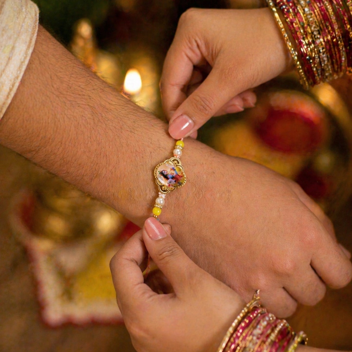 Luxurious Rakhi with Lord Krishna photo and soft thread