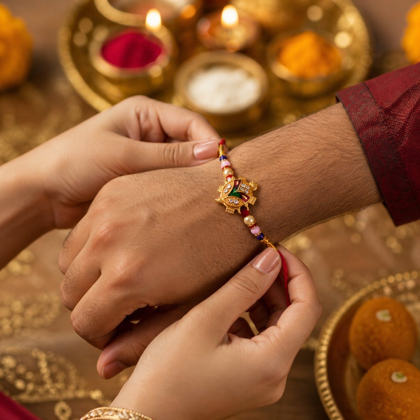 Hand holding traditional Tortoise Charm Rakhi for gifting