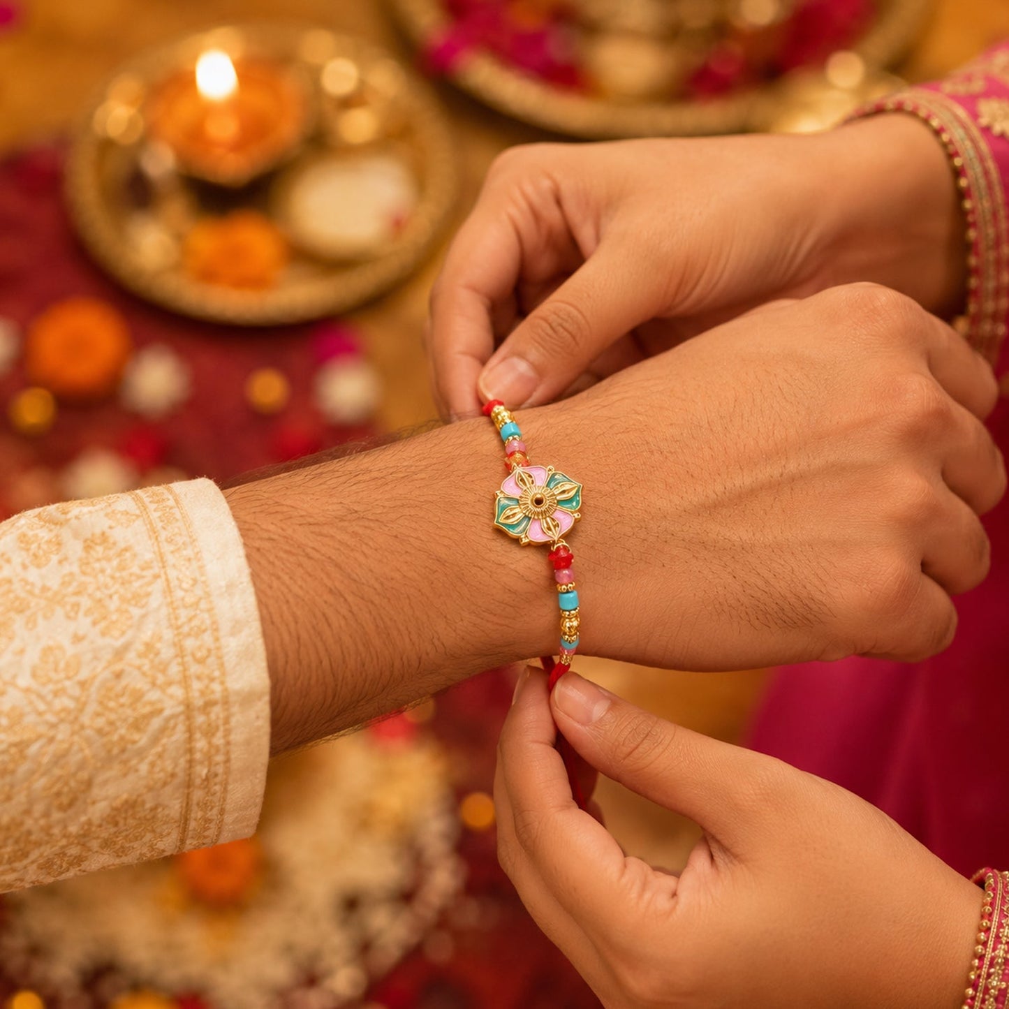 Traditional rakhi with decorative beads and soft thread