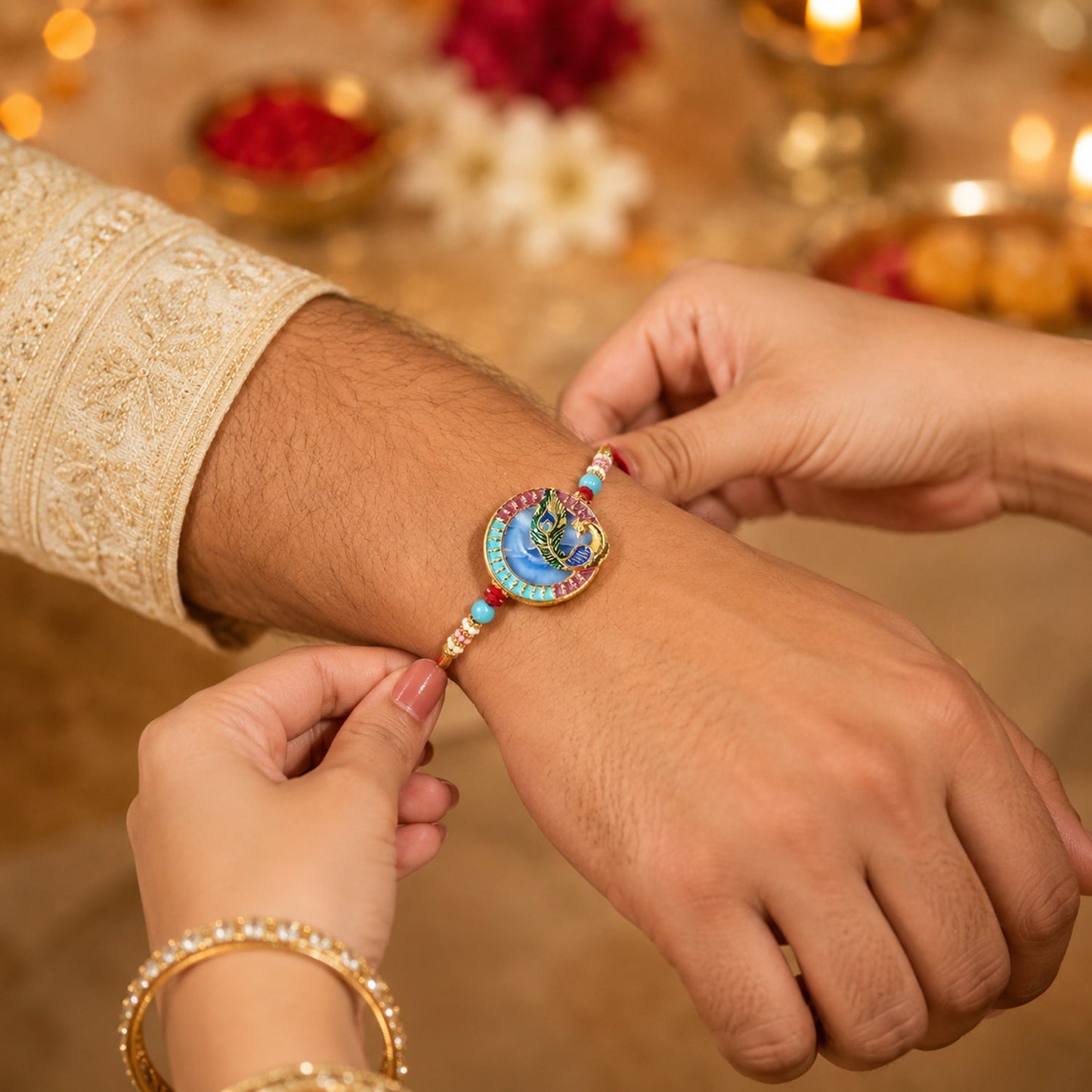 Designer Rakhi featuring peacock motif and decorative beads
