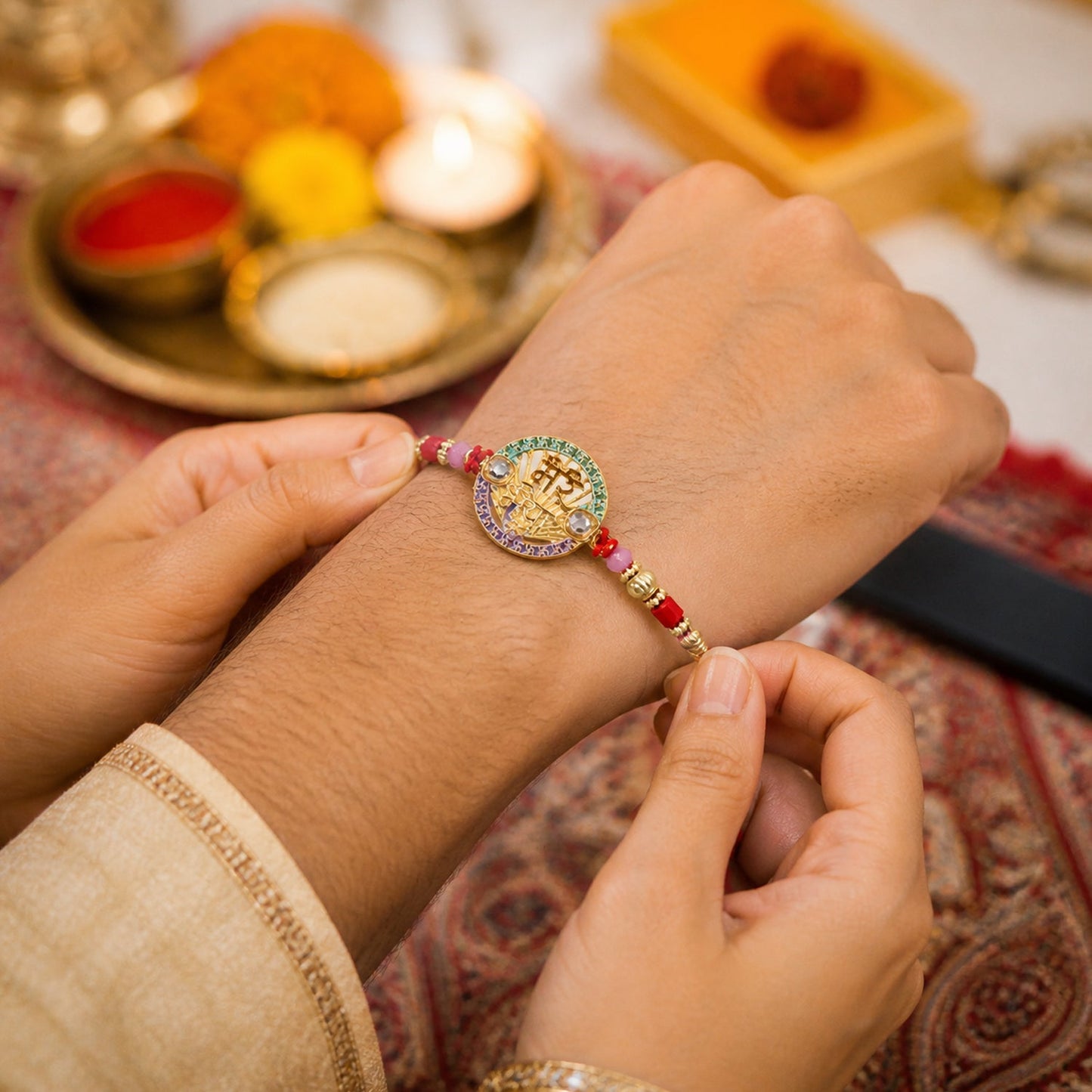 Beautiful designer Rakhi showcasing elegant centerpiece and beads