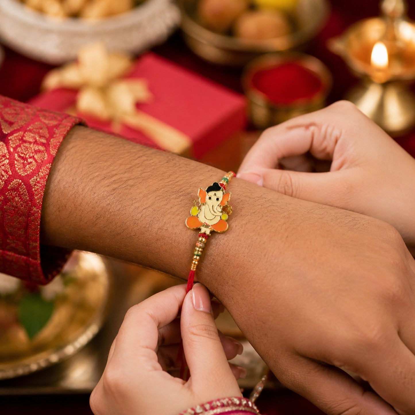 Soft thread Lord Ganesha Rakhi with vibrant beads
