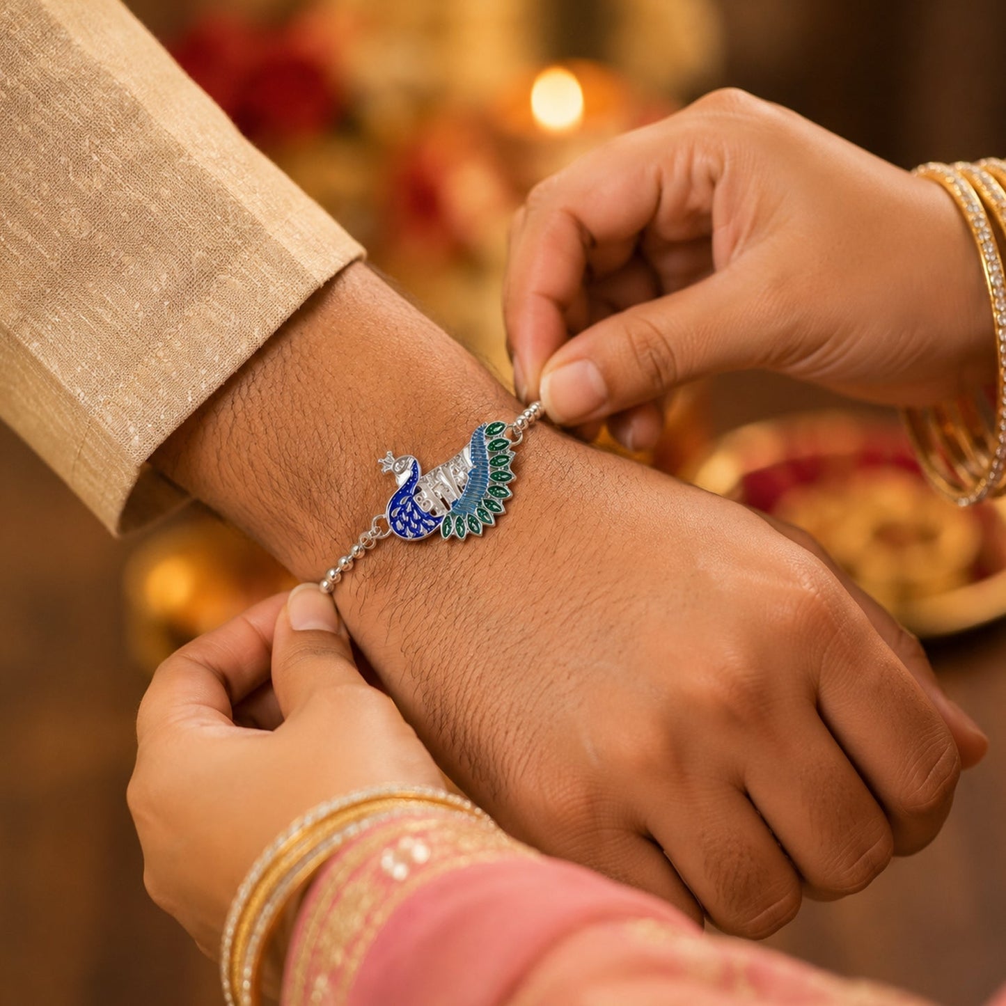 Traditional silver peacock Rakhi with beads, stylish festival accessory
