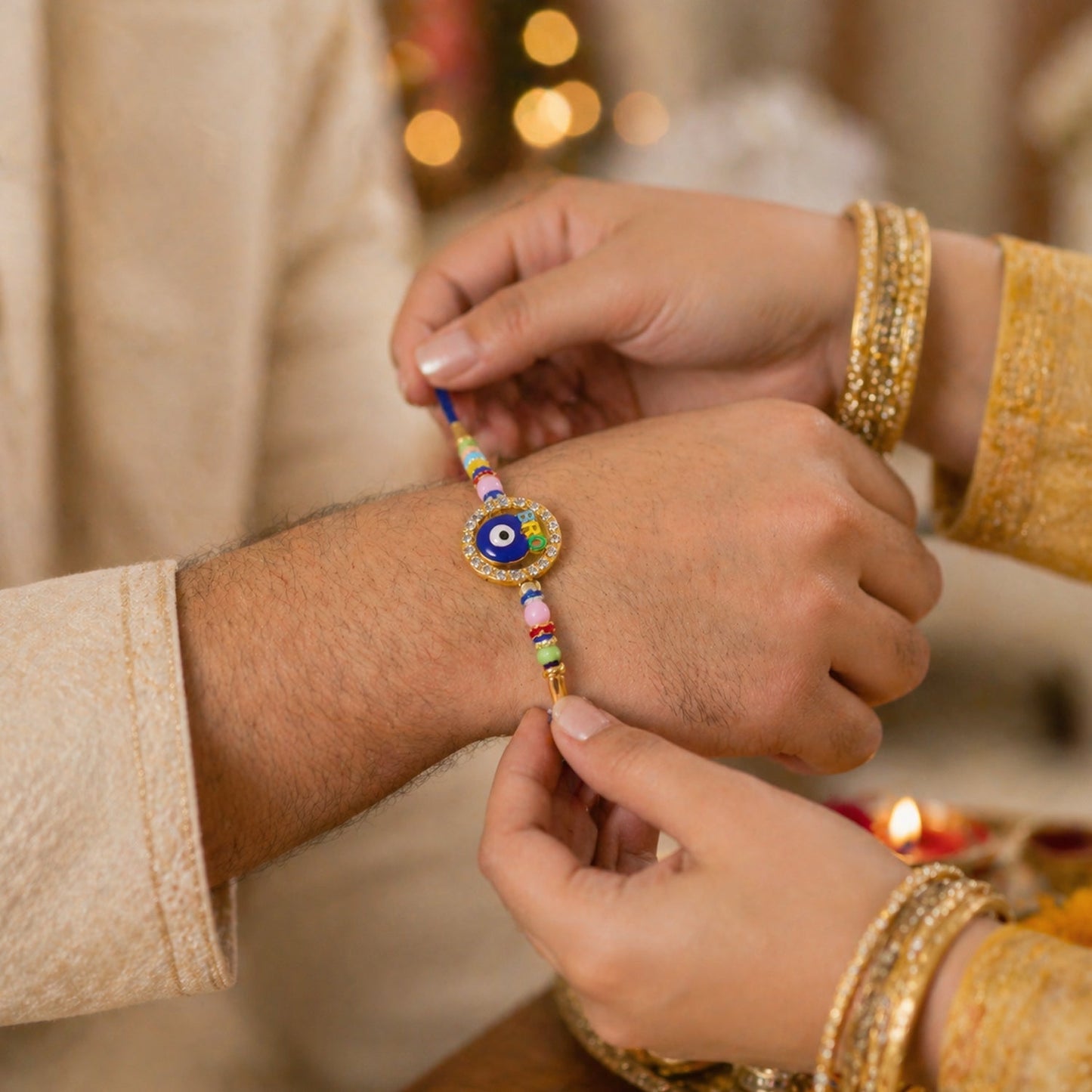 Evil eye Rakhi tied on a wrist for Raksha Bandhan
