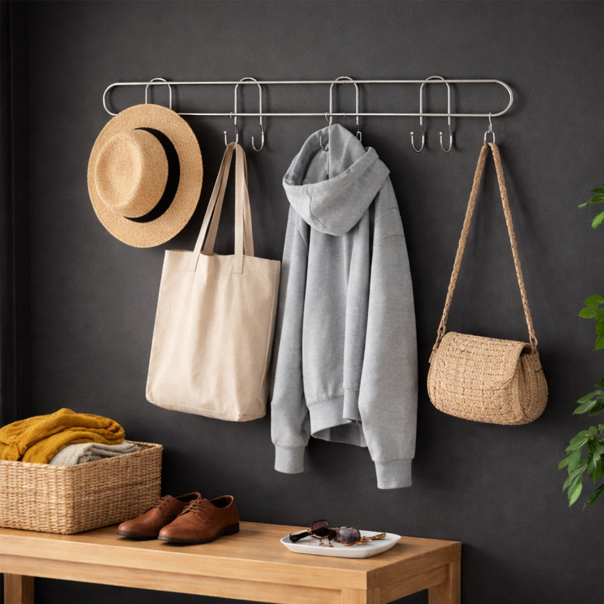 Long Stainless Steel Multi Hook Rack for Home Wall, Clothes and Bags (1 Pc)
