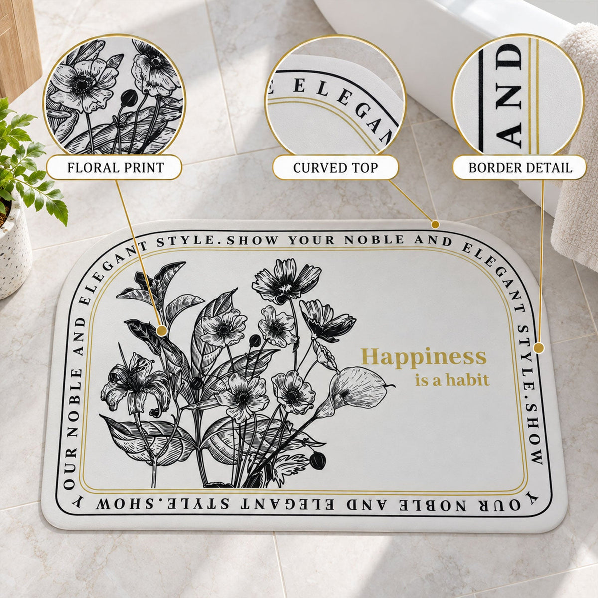 A half-round white mat with black floral print and a golden quote, with magnified details of the design and border.