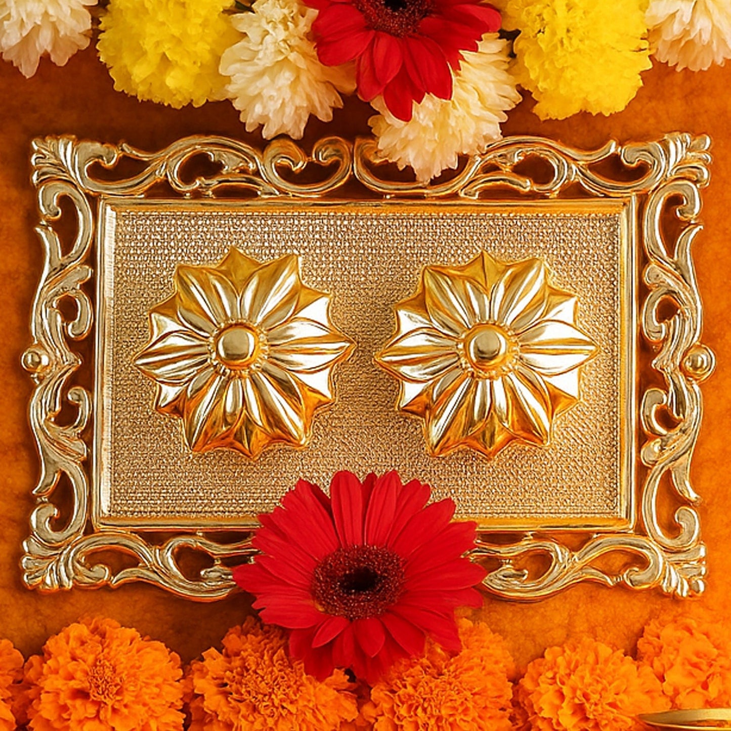 A gold rectangular pooja thali with two flower-shaped containers, surrounded by red, orange, and yellow flowers.