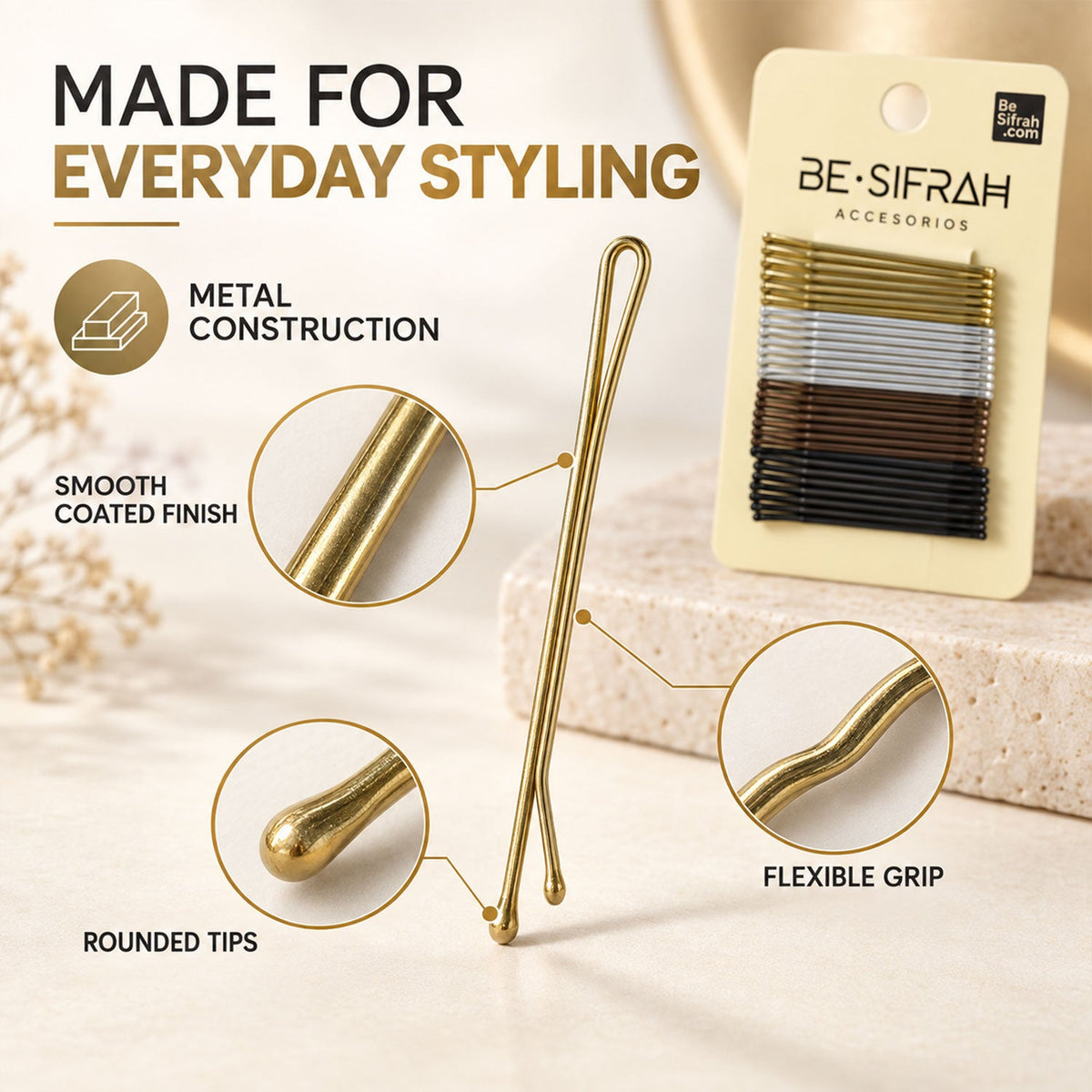 A gold bobby pin stands upright, with magnified views of its metal construction, smooth finish, and rounded tips.