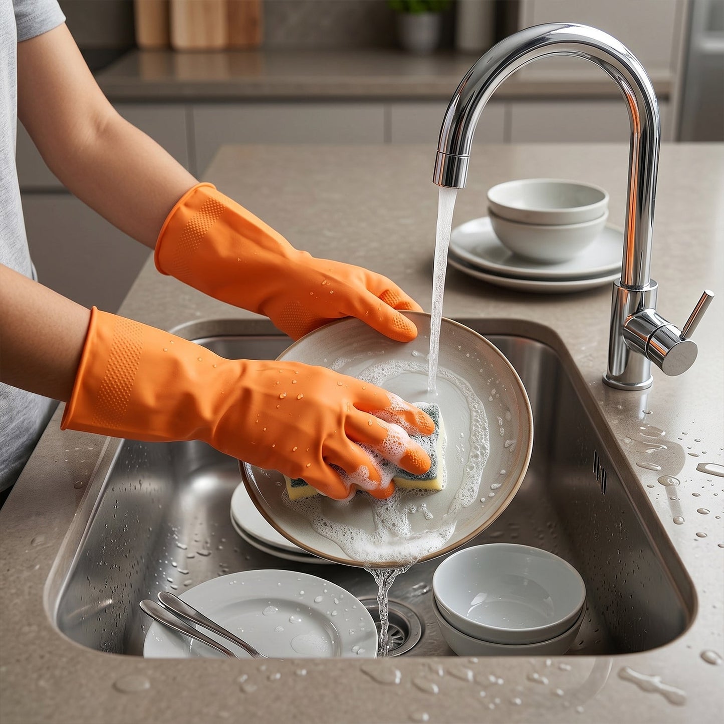 Orange gloves kitchen cleaning use