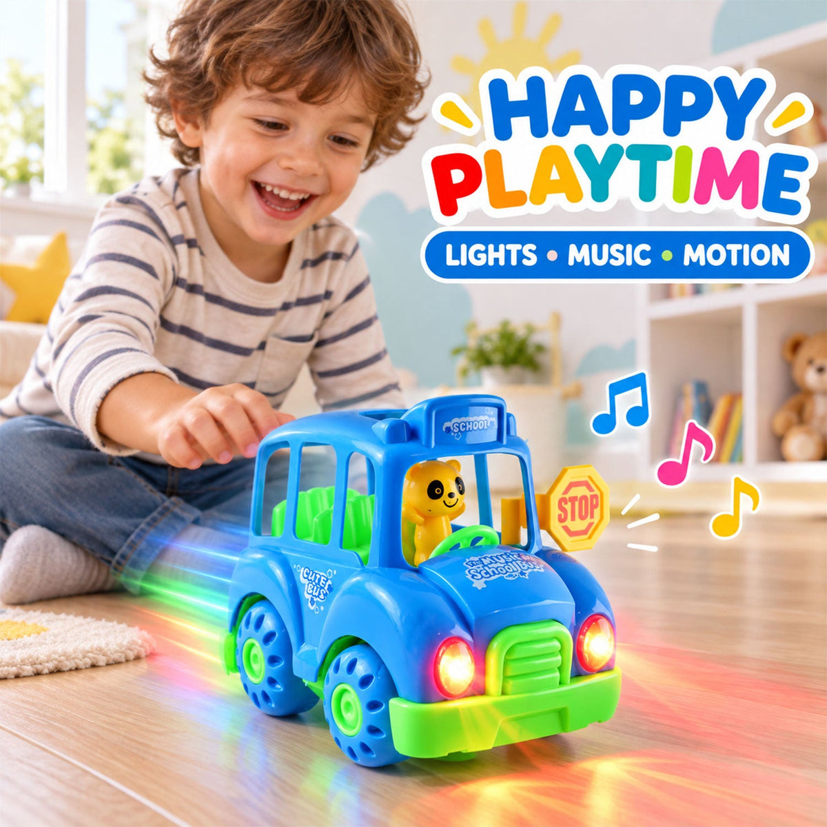 School bus toy lights view