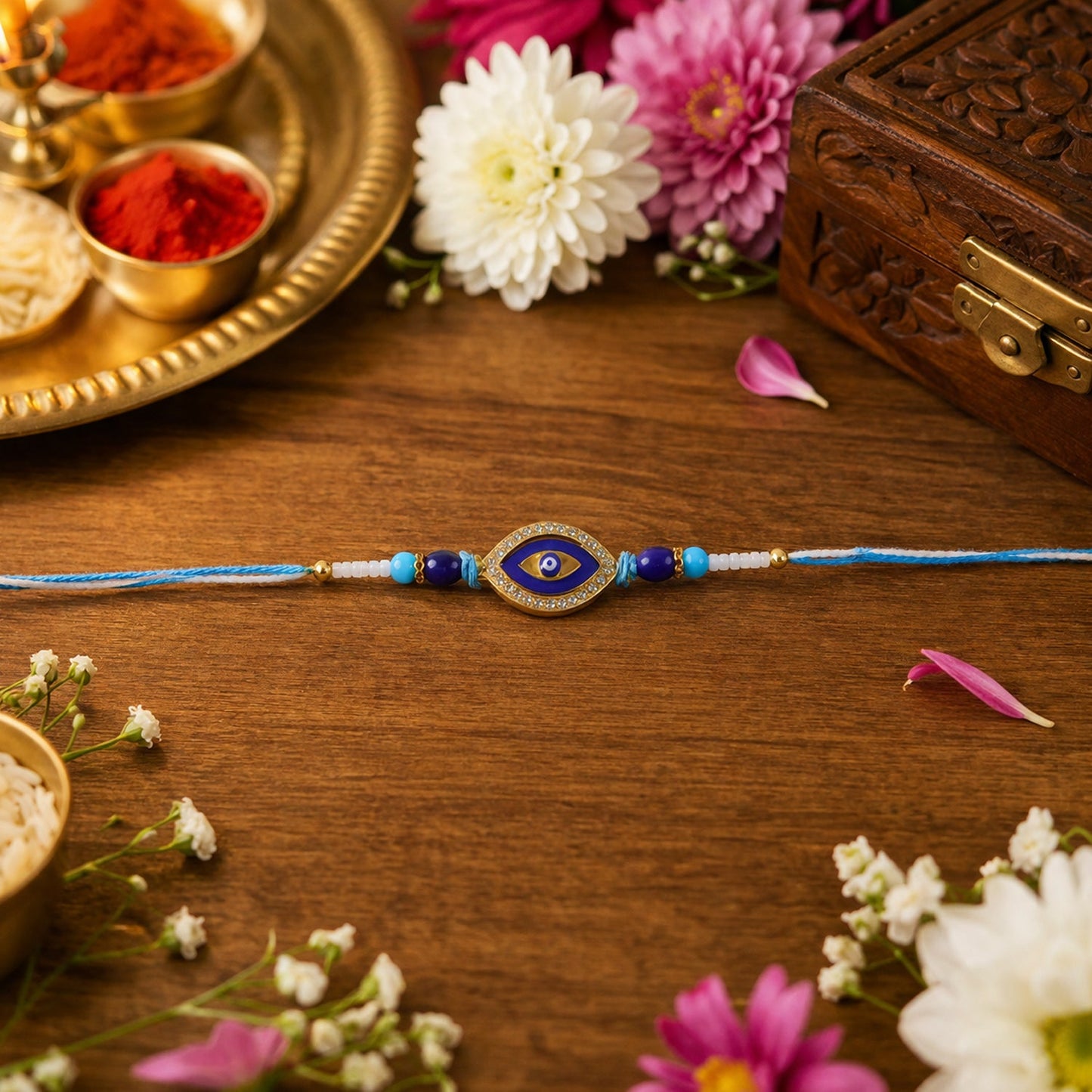 Side view of decorative Rakhi with blue beads