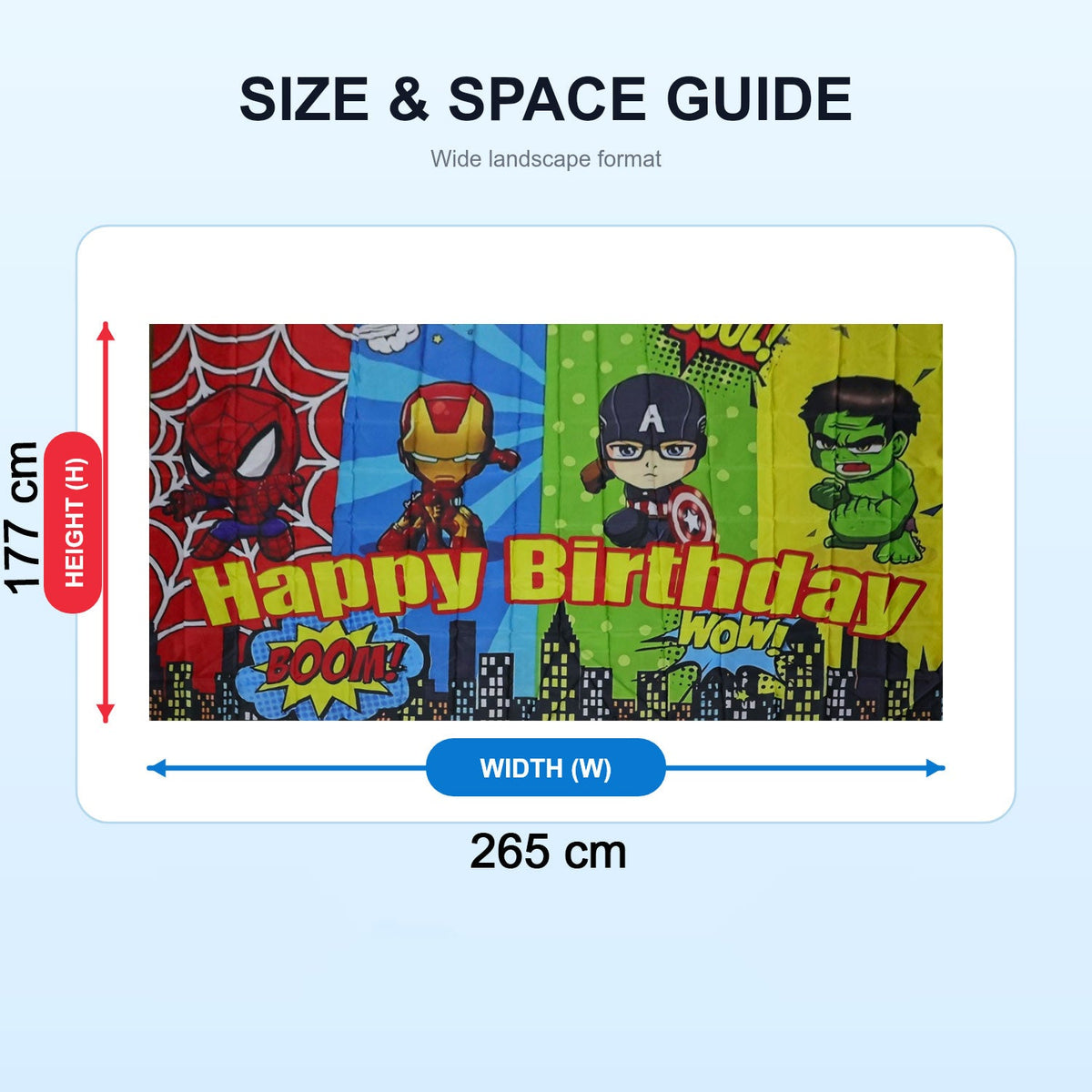 Cartoon superhero birthday backdrop size guide showing 265 cm width and 117 cm height