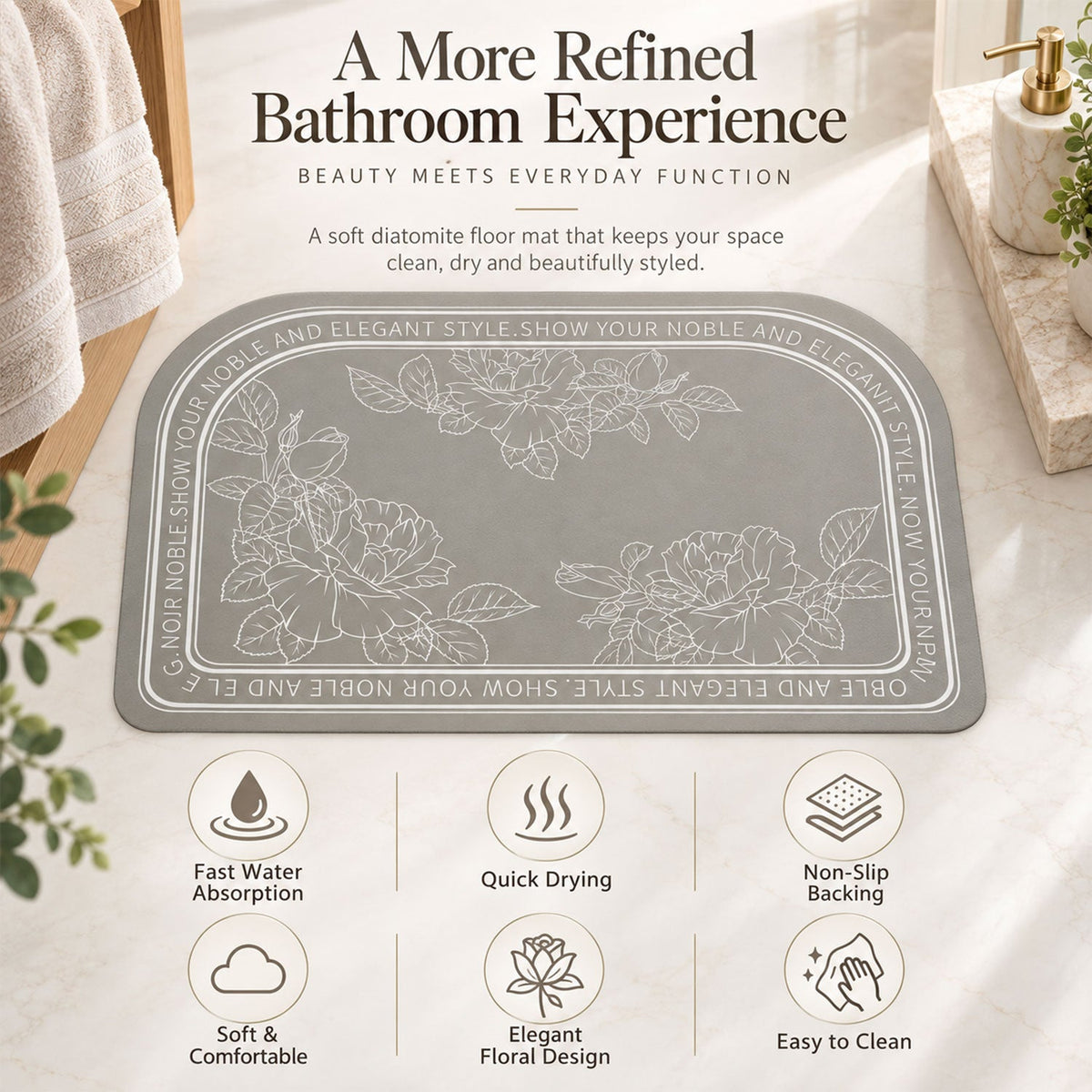 A gray half-round mat with white floral patterns and text, surrounded by icons highlighting its features.