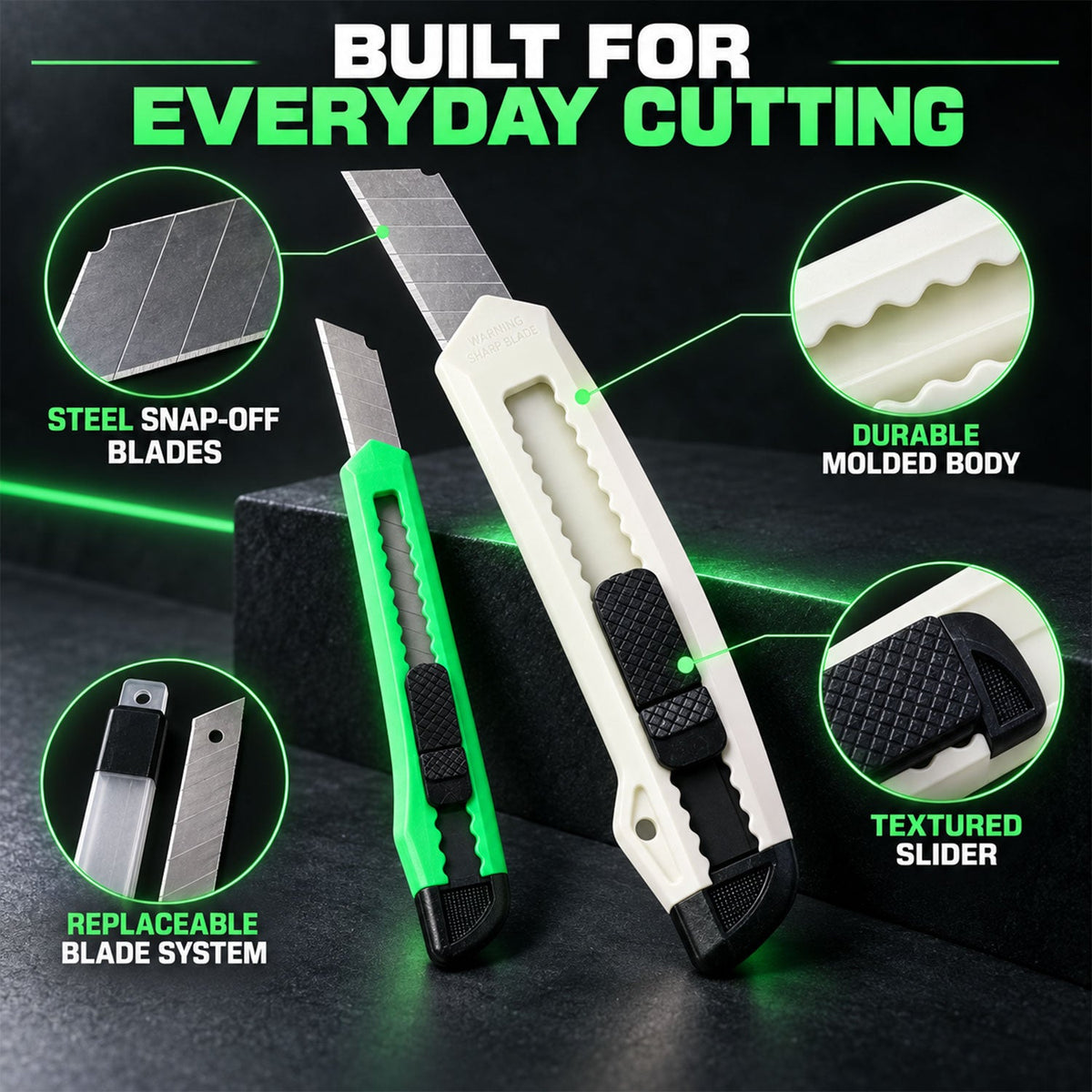 A complete accessory set includes two utility knives, six spare blades, and two storage cases, arranged neatly on a white