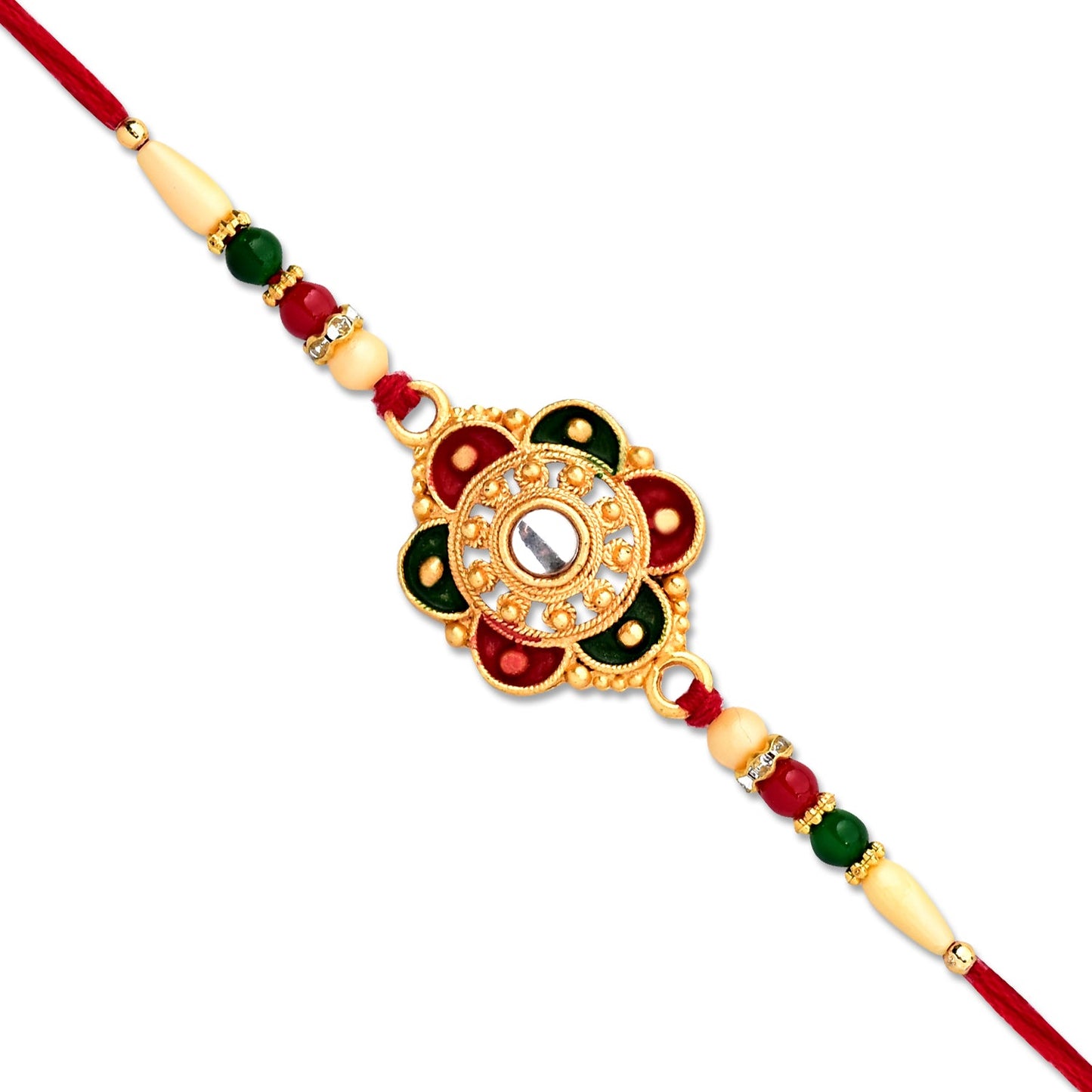 Top view of traditional floral rakhi decorated with shimmering beads