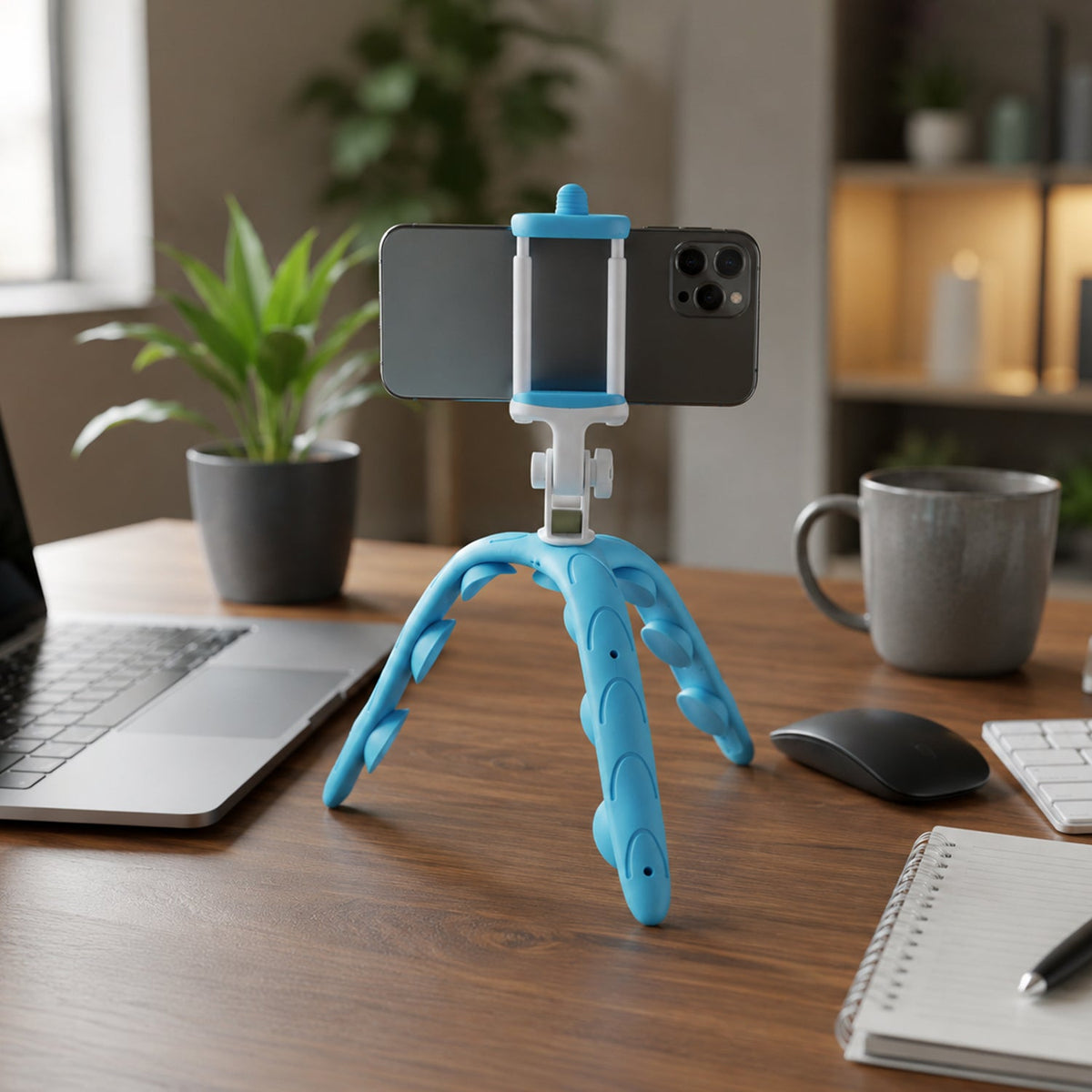 A blue and white flexible tripod holding a phone horizontally on a wooden desk with a laptop, mug, and mouse nearby.