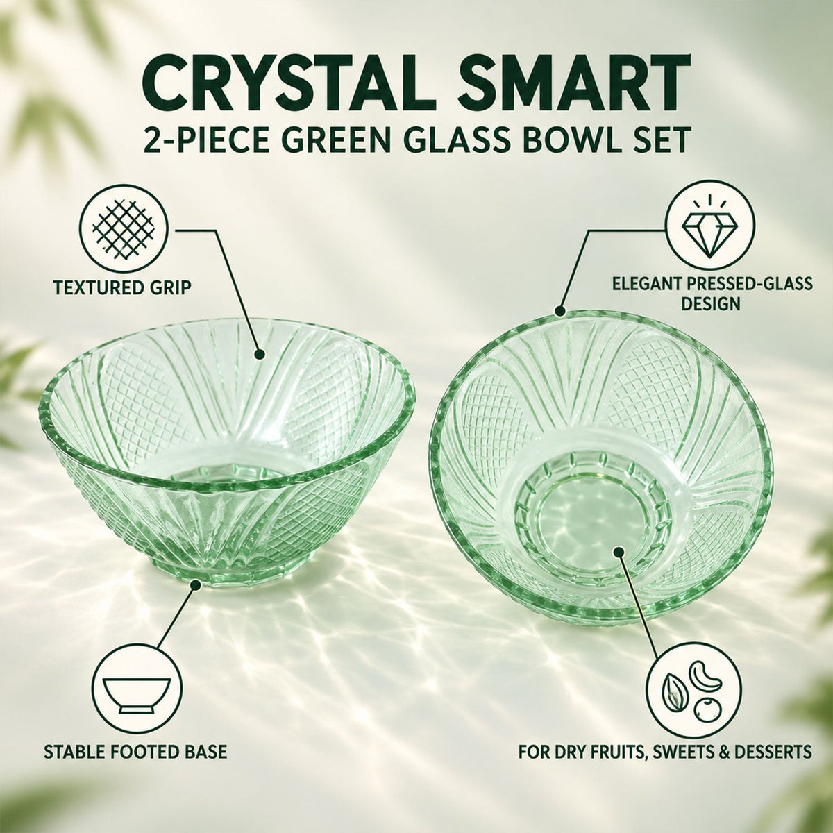 Two green glass bowls with text overlays pointing to features like textured grip, pressed-glass design, and stable footed