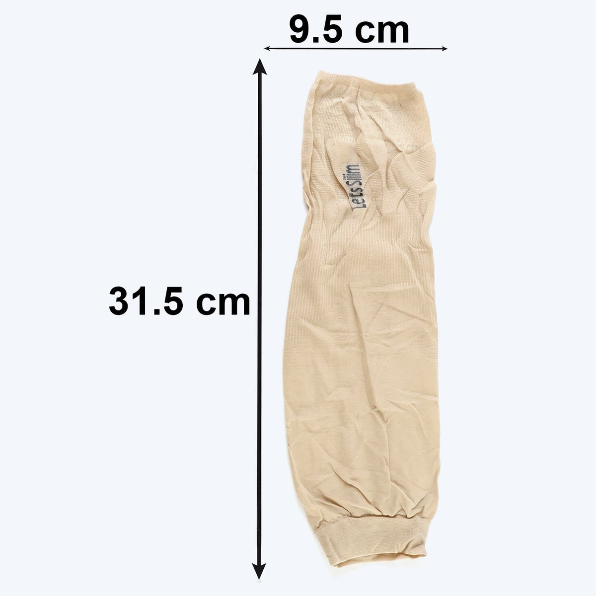 A single beige arm sleeve with "Let's Slim" logo, displaying dimensions of 31.5 cm and 9.5 cm.